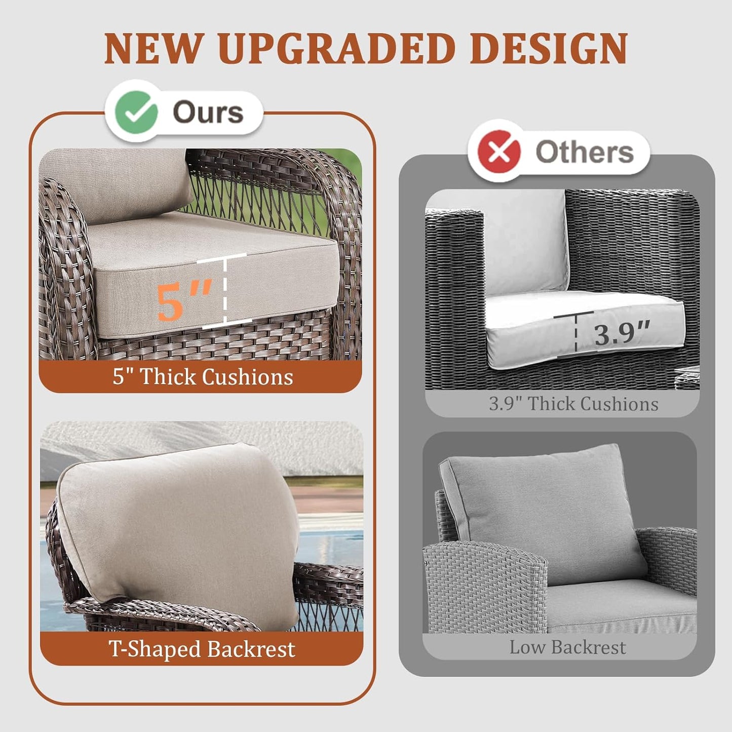 10 Pieces Patio Furniture Set Outdoor Sectional Sofa Couch with Rocking Swivel Chairs 5" Deep Seat Chairs, Modern Wicker Rattan Conversation Set, Beige/Brown Wicker