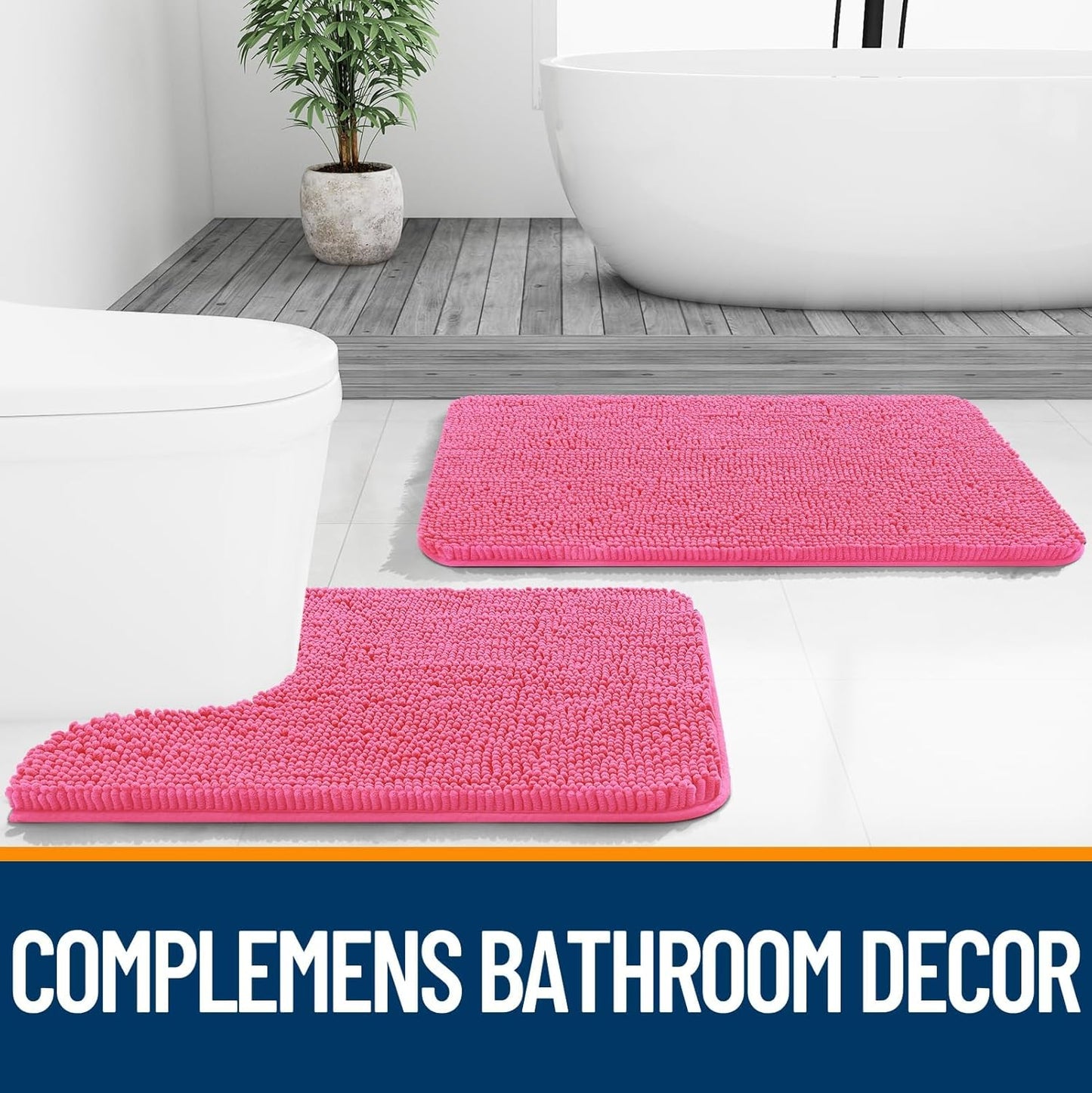 OLANLY Bathroom Rugs Sets 3 Piece, Soft Absorbent Chenille Bath Mats and U-Shaped Contour Toilet Rug, Quick Dry, Home Decor Accessories, Bath Mat Set for Bathroom (36"x24"+24"x16"+24"x20", Hot Pink)