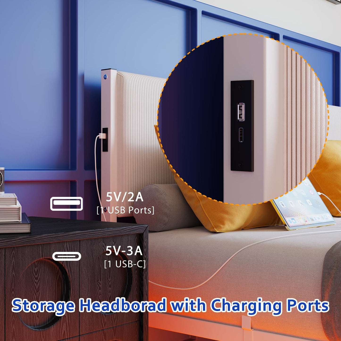 Full Size Bed Frame,Floating Bed Frame Full Size with Headboard,Upholstered Metal Platform Bed with LED Lights & Charging Station,Heavy Duty Steel Slats,No Box Spring Needed,No Noise,White Bed Frame