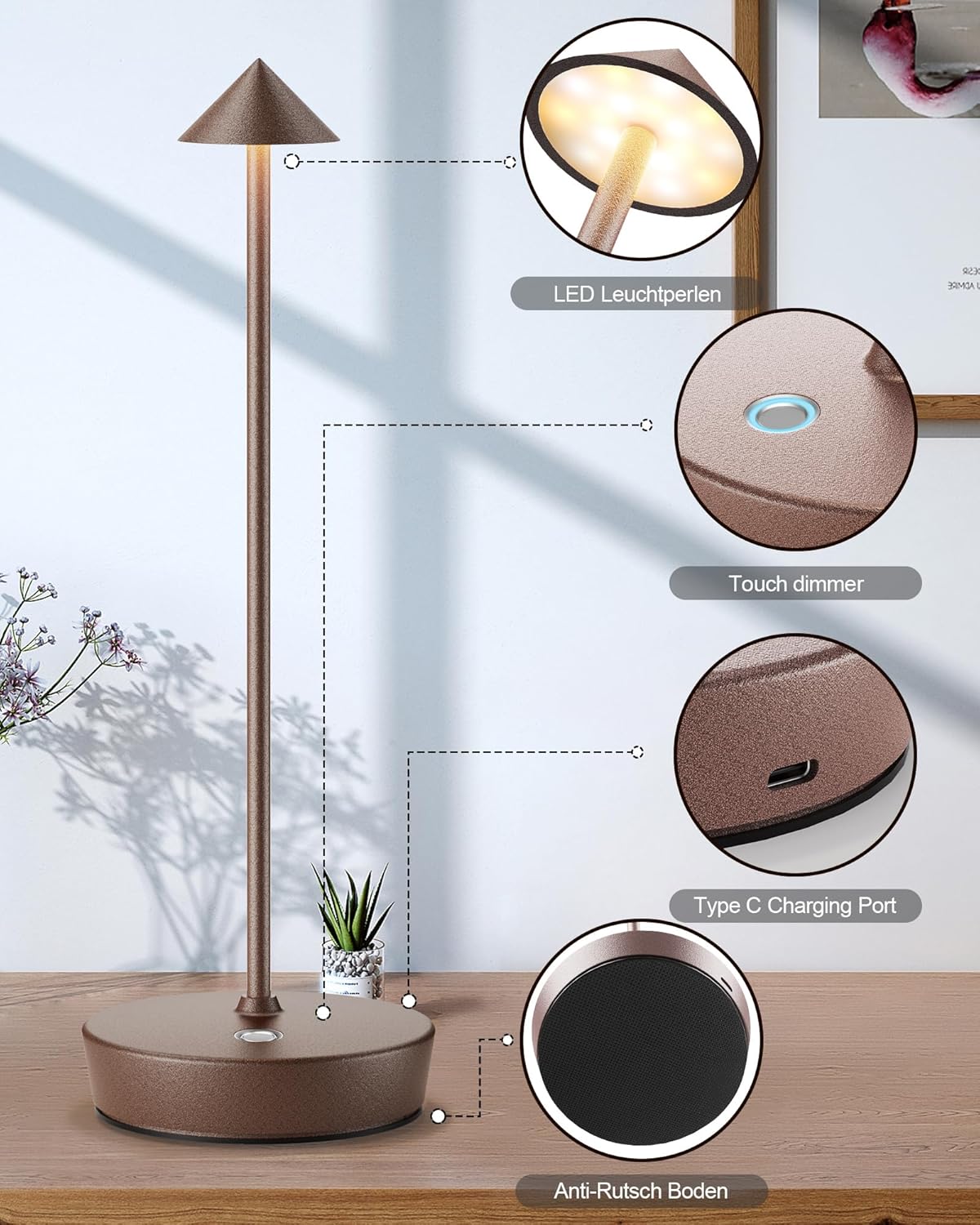 Cordless Table Lamps Rechargeable, 6000mAh Battery Operated LED Desk Lamp Outdoor Waterproof Portable Touch Dimmable Table Night Light for Patio Restaurant Dining Home Set of 2 Rust