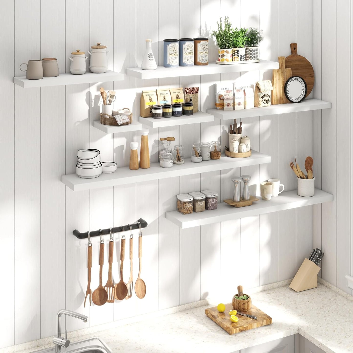 Floating Shelves for Wall with Invisible Brackets, Wall Mounted Engineered Wood Shelves with Wood Grain for Living Room, Bedroom, Bathroom, Kitchen Decor and Storage, Oak, 36"L Set of 2, White