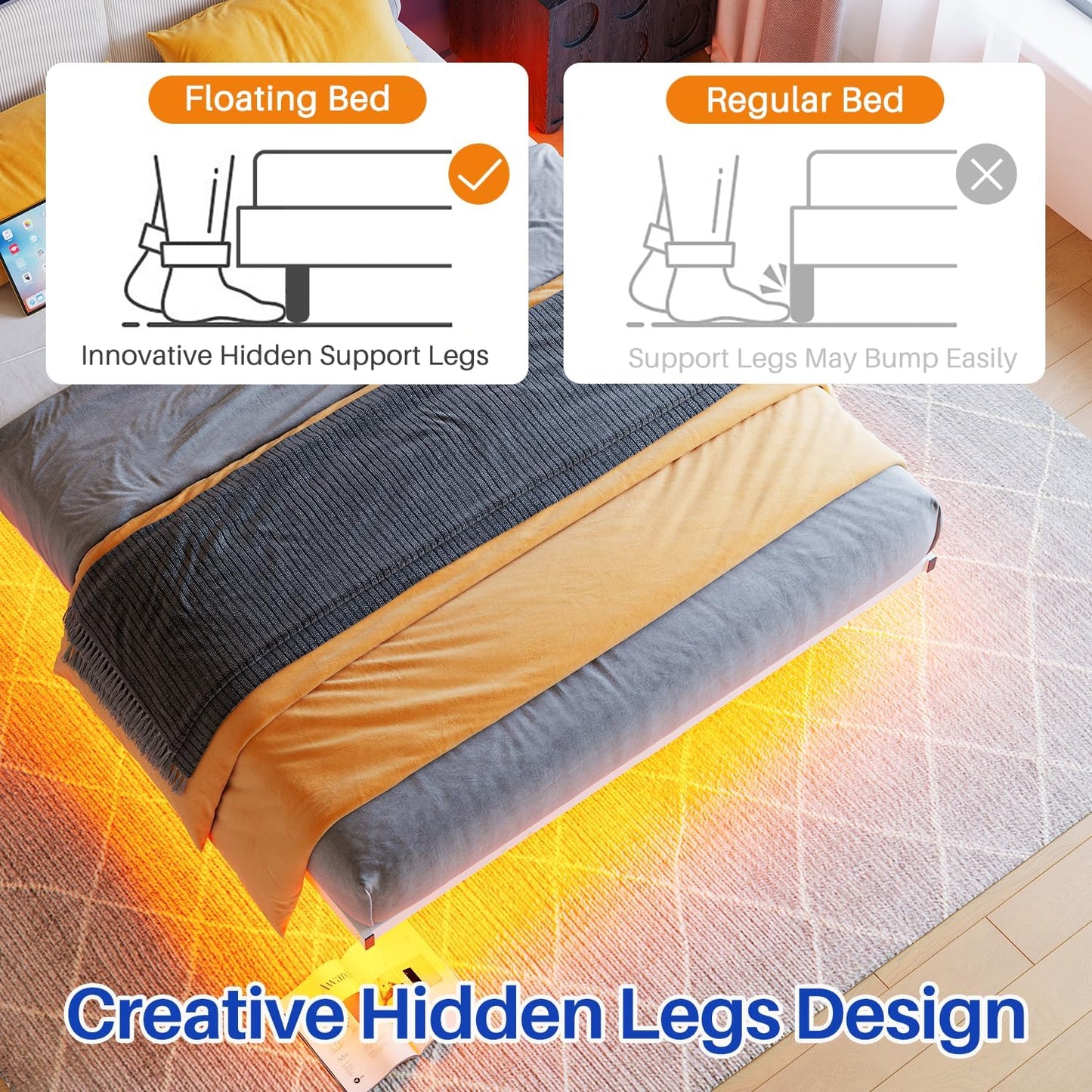 Queen Bed Frame,Floating Bed Frames Queen Size with LED Lights & Charging Station,Modern Queen Platform Bed Frame with Upholstered Headboard,Heavy Duty Steel Slats,No Box Spring Needed,No Noise,White