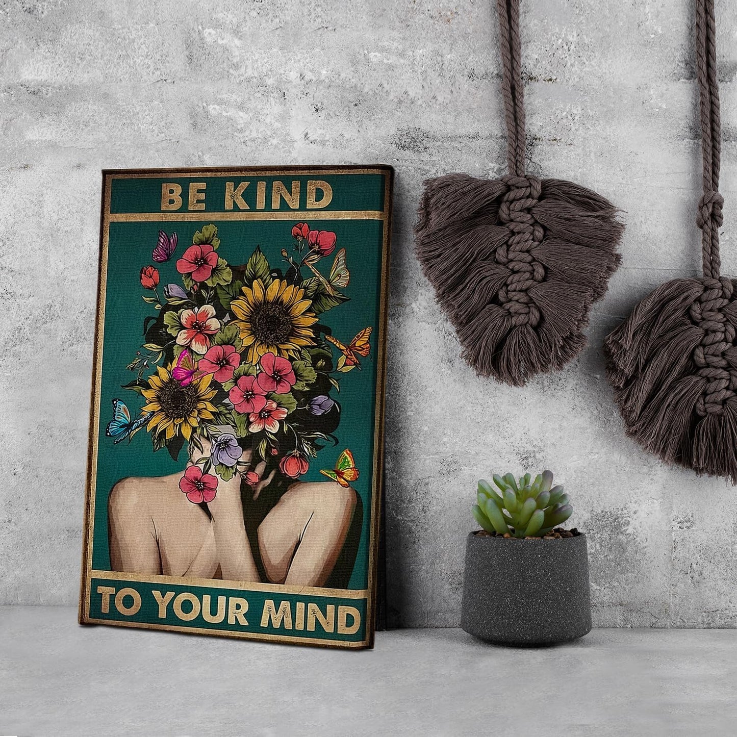 DIHSIEG Flower Canvas Wall Art Be Kind to Your Mind Vintage Poster Frameless Floral Can be hung on the Wall Heal Your Heart poster Wall Art Canvas(12x16 Dark Green)