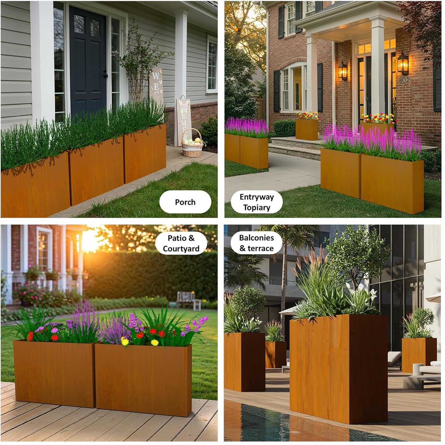 Modern Metal Planter Box 36" L x 9" W x 26" H โ Rectangular Cor-Ten Steel Raised Garden Bed with Drainage Holes & Removable Shelf โ Outdoor & Indoor Flower Planter for Patio, Yard & Porch