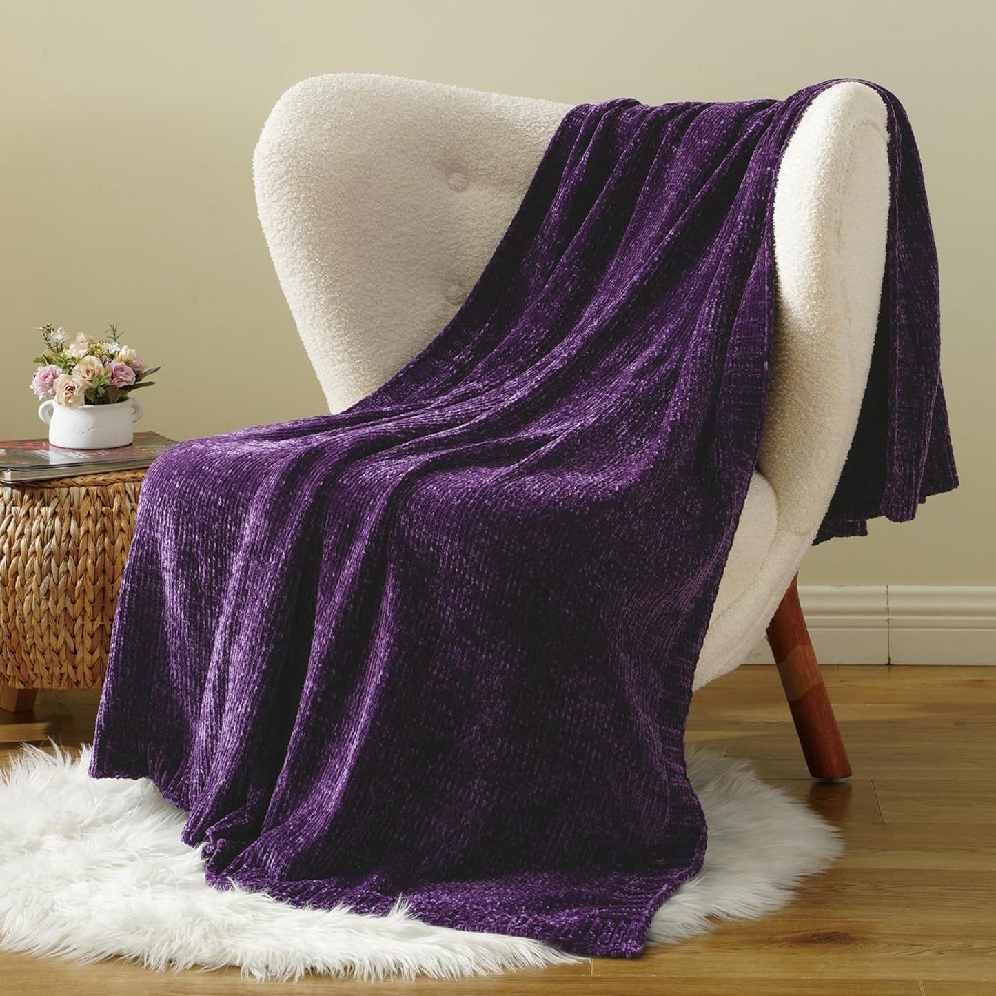 BATTILO HOME Chenille Knitted Throw Blanket for Couch, Decorative Cozy Dark Purple Throw Blanket for Bed Sofa Outdoor, Super Soft Purple Blankets Chenille Blankets for Home Decor, 51"x67"