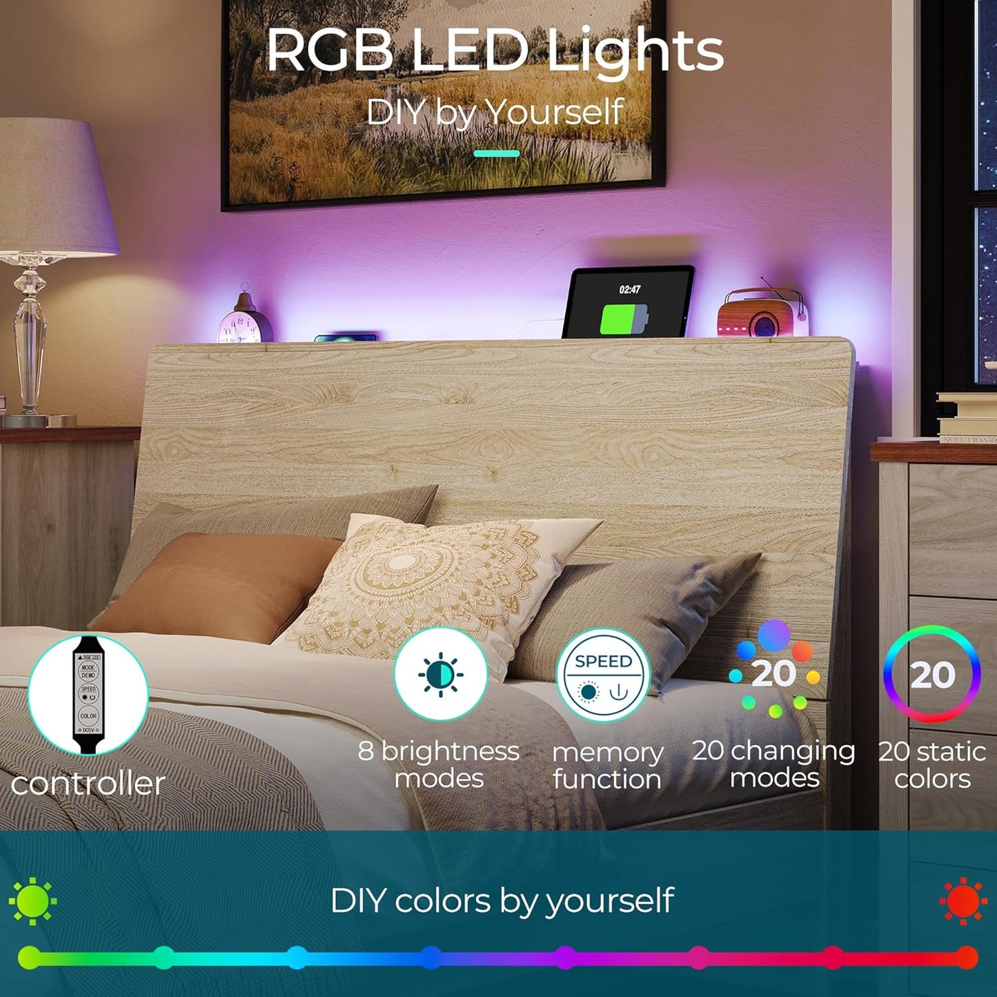 LINSY Wood Bed Frame with Headboard, Full Bedframe with LED Lights, Wooden Platform Frames with Charging Station, No Box Spring Needed, Easy Assembly, Boho Wood