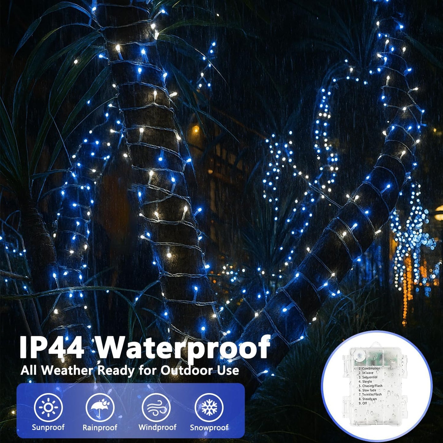 2 Pack String Lights Battery Operated with Timer, 66FT 200 LED Waterproof Battery Twinkle Lights, 8 Modes Fairy Light for Indoor & Outdoor Party Bedroom Christmas Decorations (Blue and White)