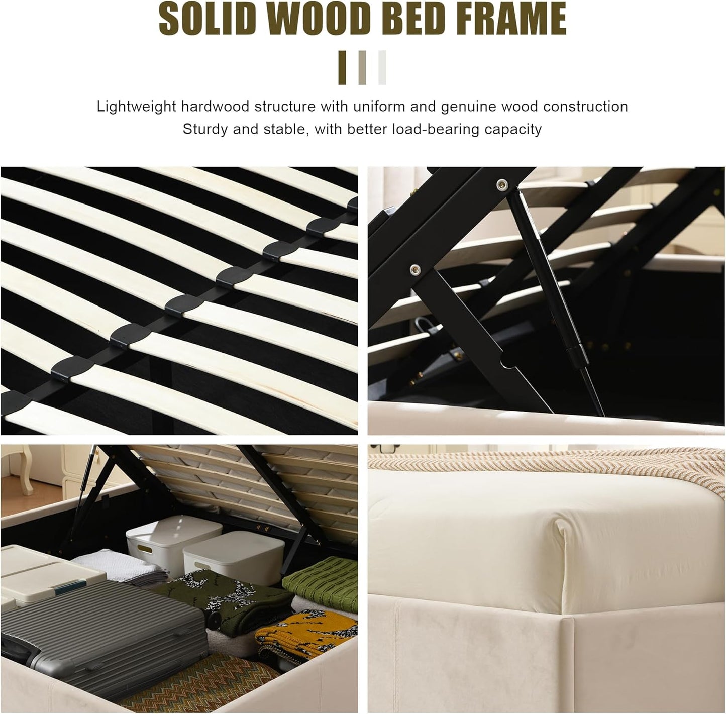 PINJU Full Size Storage Bed with Hydraulic Lift, Upholstered Platform Bed, Simple Vertical Line Design, Wooden Slat Support, No Spring Required (Cream, Full)