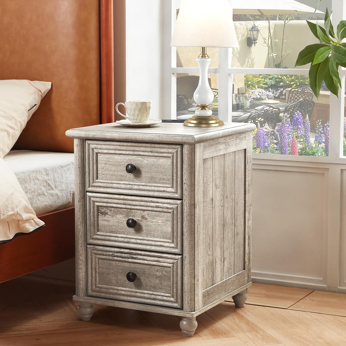 18" Farmhouse Nightstand Set 2 with Charging Station and USB Port, Grey Night Stand with 3 Drawers, Wood Bedside End Table with Storage, Bed Side Tables for Bedroom Living Room and Closet