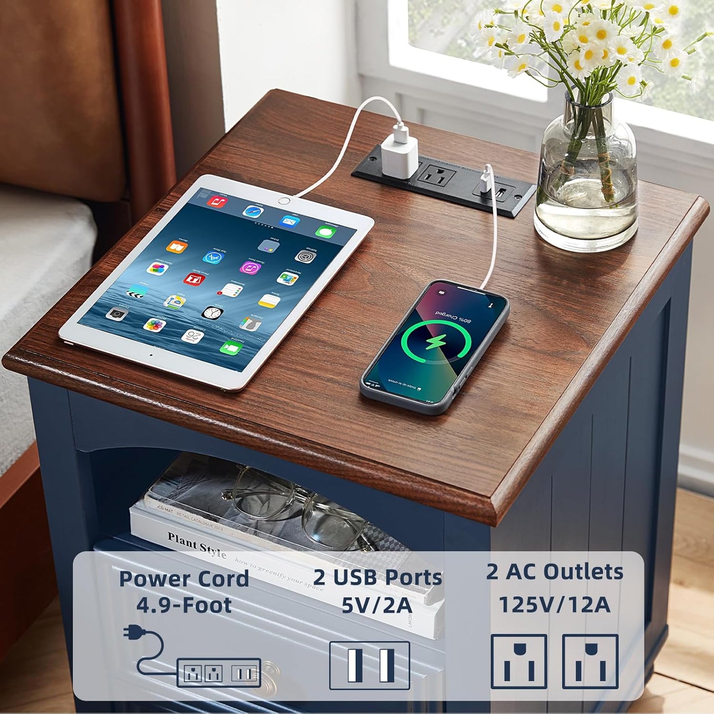 18" Farmhouse Night Stand Set of 2 with Charging Station, Wood Blue Nightstand with 2 Drawers, Bedside End Table with Shelf Storage, Bed Side Tables for Bedroom, Living Room, and Closet