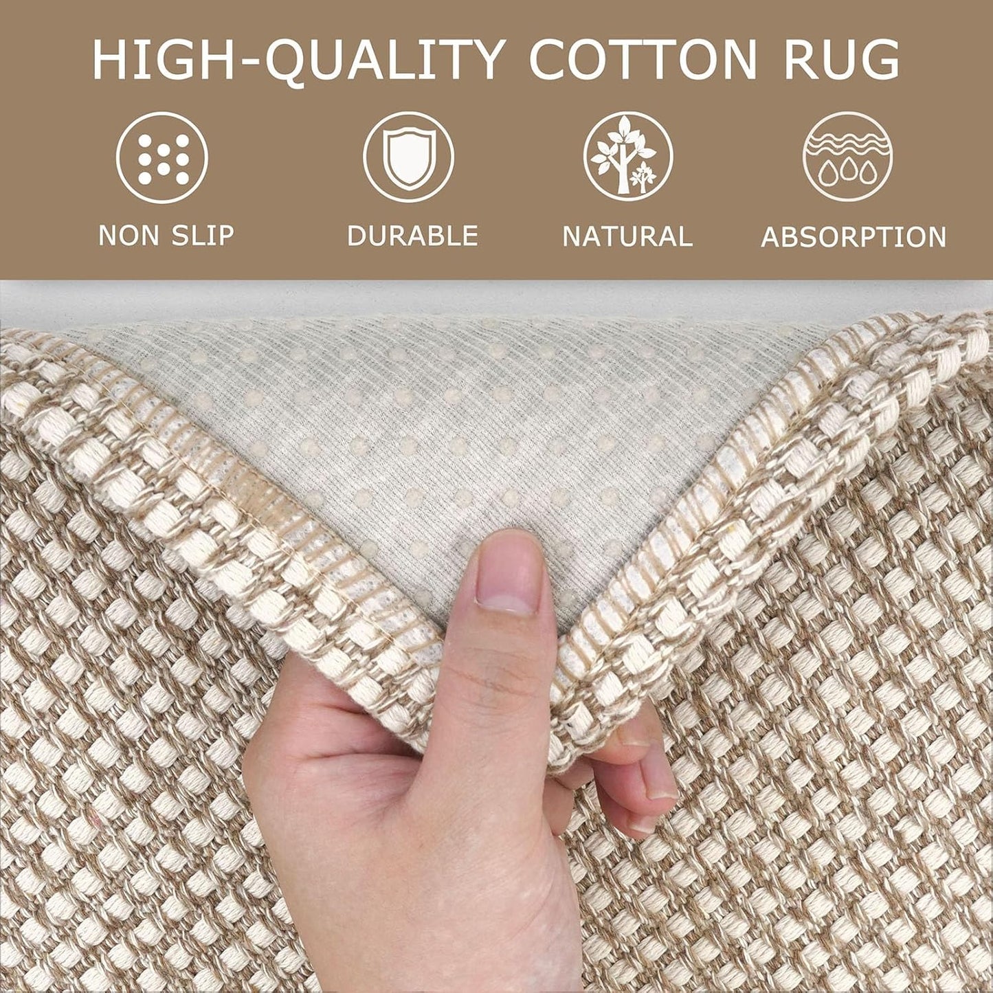 KOZYFLY Washable Area Rug 4x6 ft Non Slip Rubber Backed Living Room Rugs Braided Woven Cotton Kitchen Rugs Indoor Outdoor Entryway Rug Floor Carpet for Dining Living Room Bedroom, Ivory/Khaki