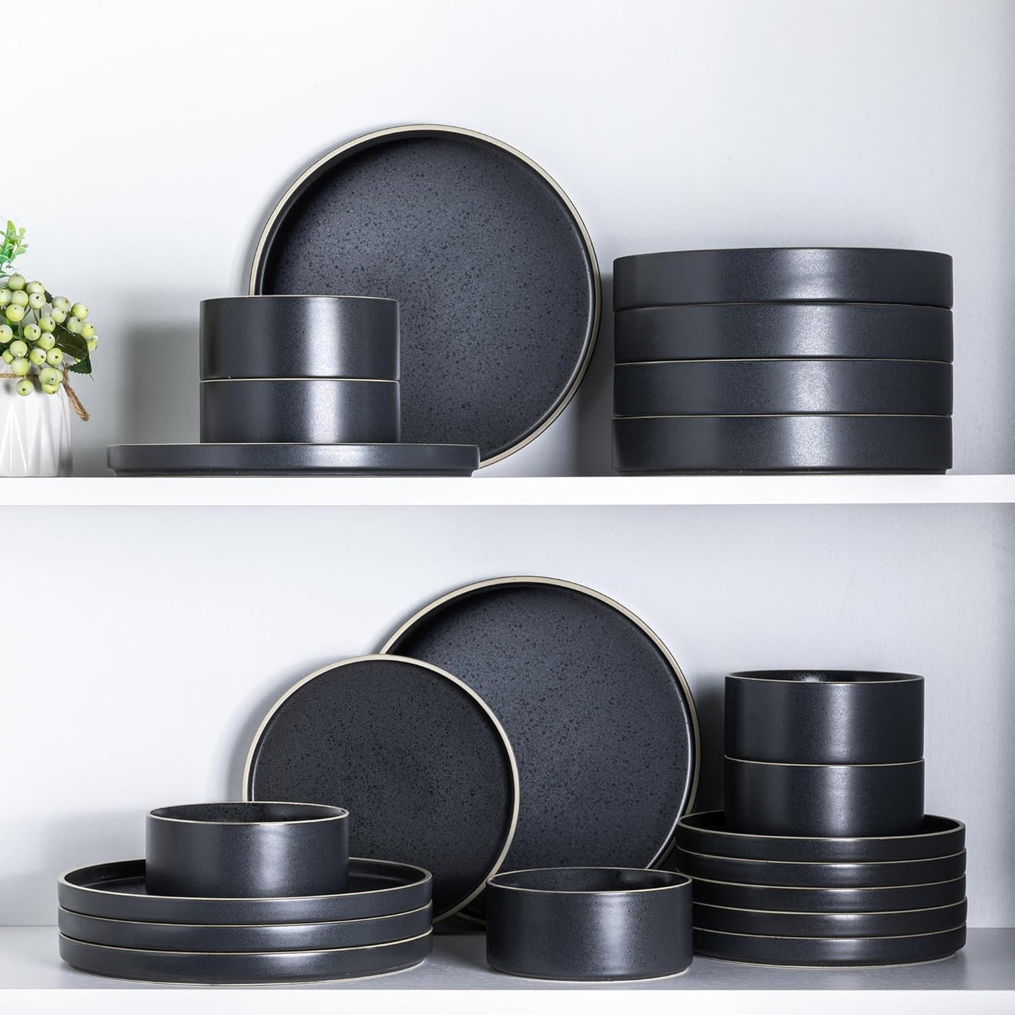 LERATIO Ceramic Dinnerware Sets for 6, High Edge Stoneware Plates and Bowls Set, Chip and Crack Resistant | Oven & Dishwasher & Microwave Safe Dishes Set, Service for 6 -Speckeld Black