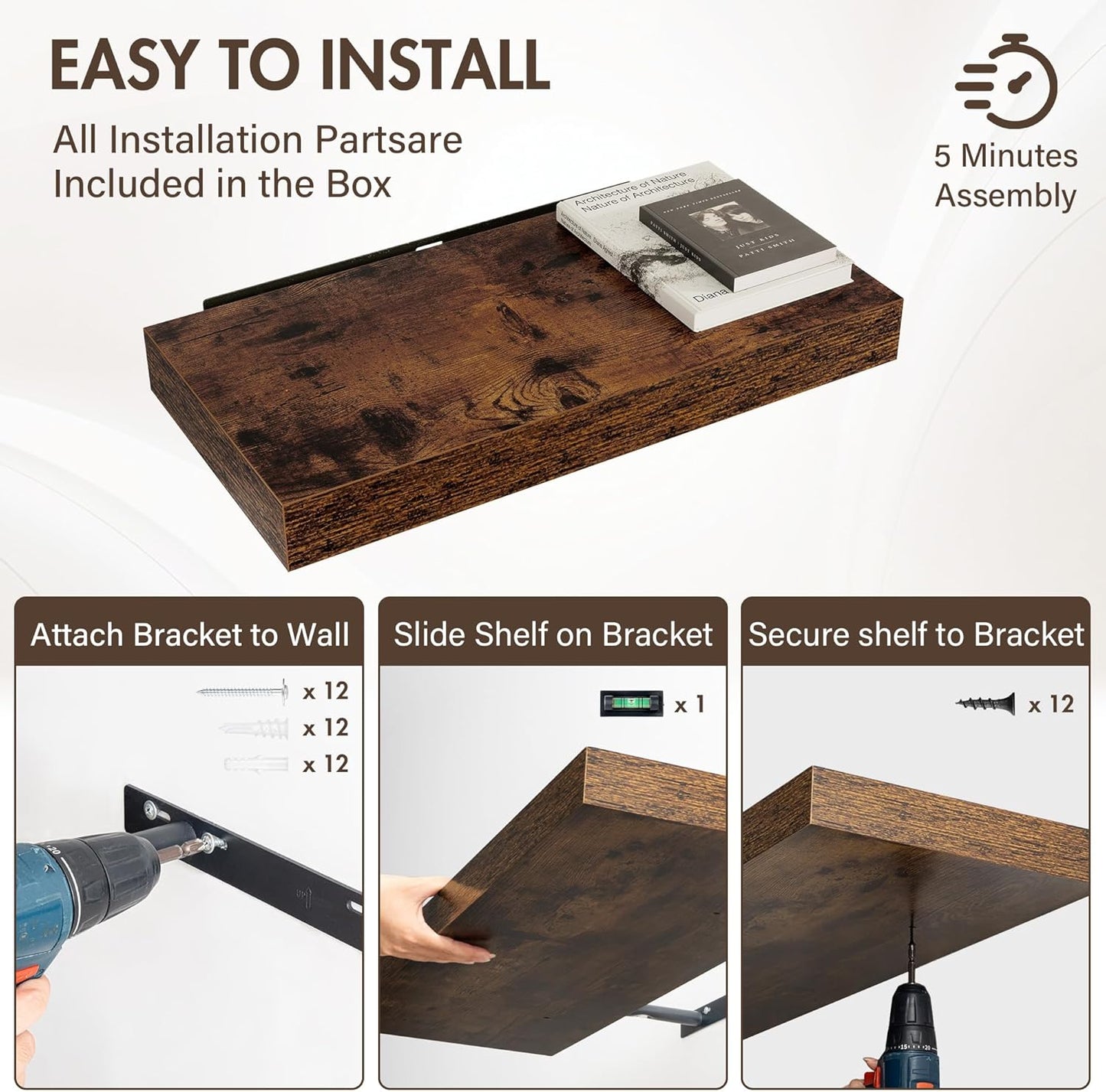 24 Inch Floating Shelves, 12" Deep Floating Shelf Wall Mounted, 24" Wall Shelves, Rustic Deep Bookshelf, Extra Deeper & Thicker Display Shelves for Bedroom, Living Room, Brown, Set of 2