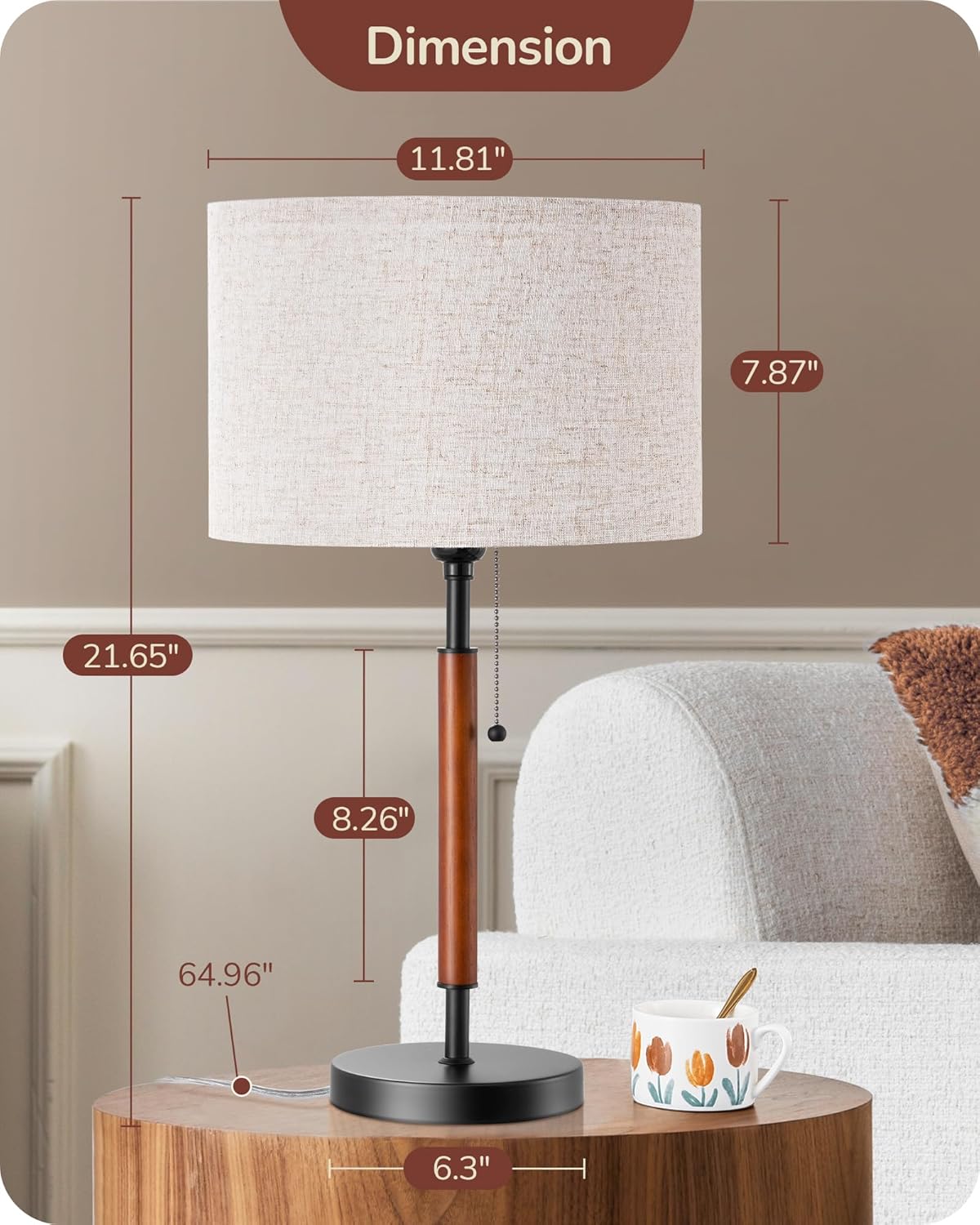 EDISHINE Mid Century Table Lamp, Pull Chain Switch Bedside Lamp with Linen Shade, Solid Wood Pole & Black Metal Base, Modern Nightstand Lamp for Bedroom, Living Room, Office, E26 Base