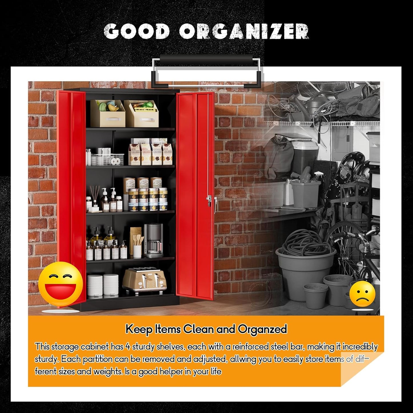 Greenvelly Metal Storage Cabinet with Doors and Adjustable Shelves,72" Black Red Locking Steel Garage Cabinet with Lock, Metal Tool Cabinets for Garage,Home Office,School