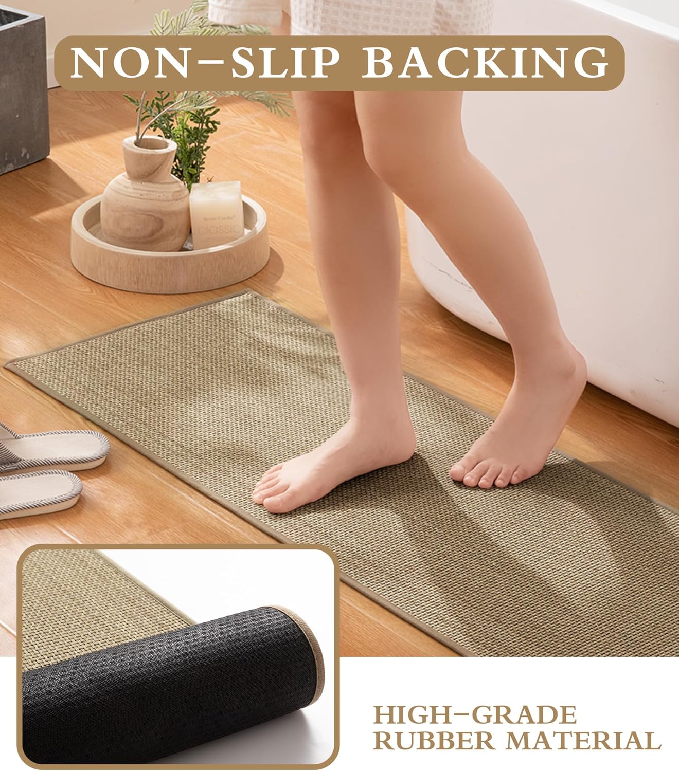 YIHOUSE Bathroom Rugs Sets 2 Pieces, Beige Ultra Thin Bath Mats Fit Under Door, Absorbent Quickly Dry Rubber Backing Braided Bath Mat Set, Non Slip Washable Bath Rugs for Bathroom Floor, Beige