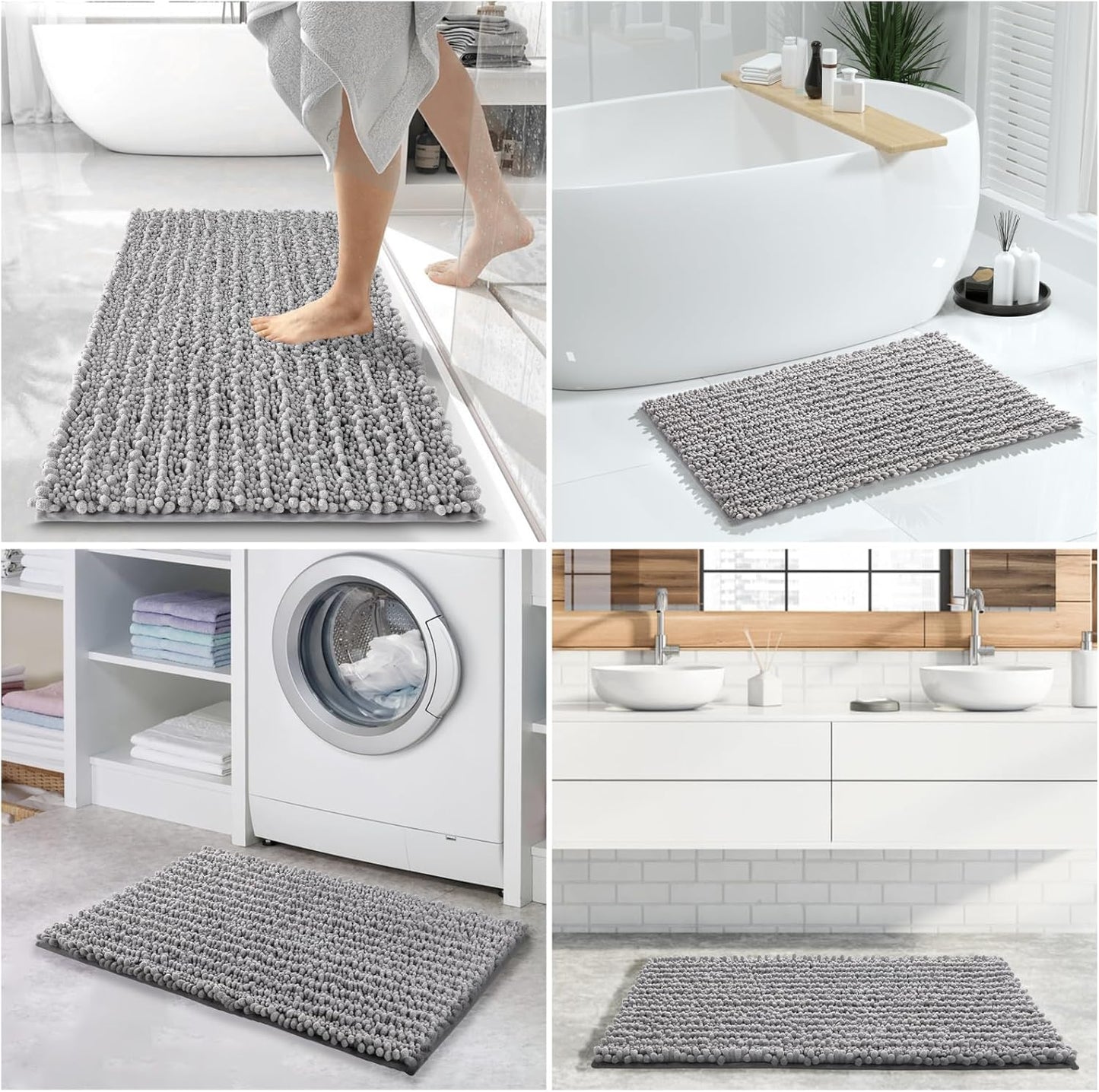 Yimobra Bathroom Rugs Sets 2 Piece - Quick Dry Extra Thick Luxury Chenille Bath Mat, Non Slip Super Absorbent for Tub Shower Sink, Machine Washable Shaggy Floor Mat, 32"x20"+24"x17" Inch, Grey