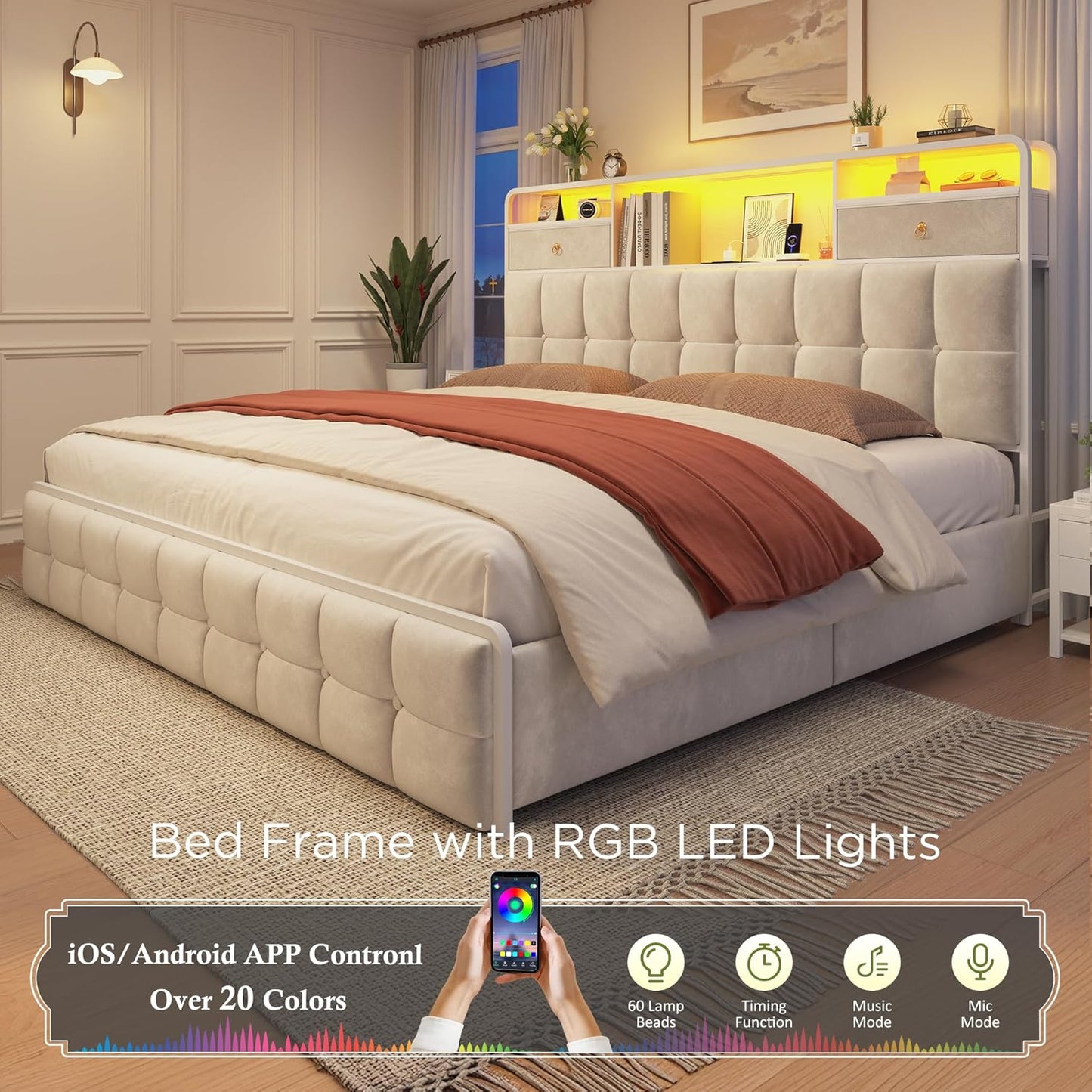 EnHomee Queen Bed Frame with Upholstered Headboard and 6 Storage Drawers,Camas Queen with LED Lights and Charging Station,no Box Spring Needed,No Noise, Easy Assembly,Velvet,Sturdy,Soft,Beige