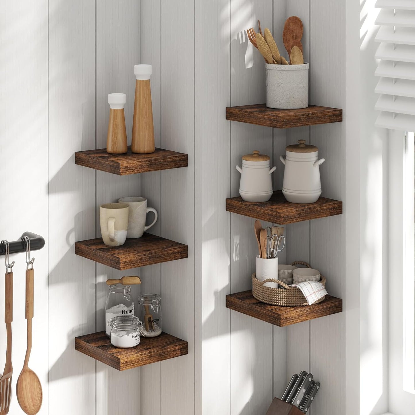Floating Shelves for Wall with Invisible Brackets, Wall Mounted Engineered Wood Shelves with Wood Grain for Living Room, Bedroom, Bathroom, Kitchen Decor and Storage, Oak, 8"L Set of 3, Rustic Brown
