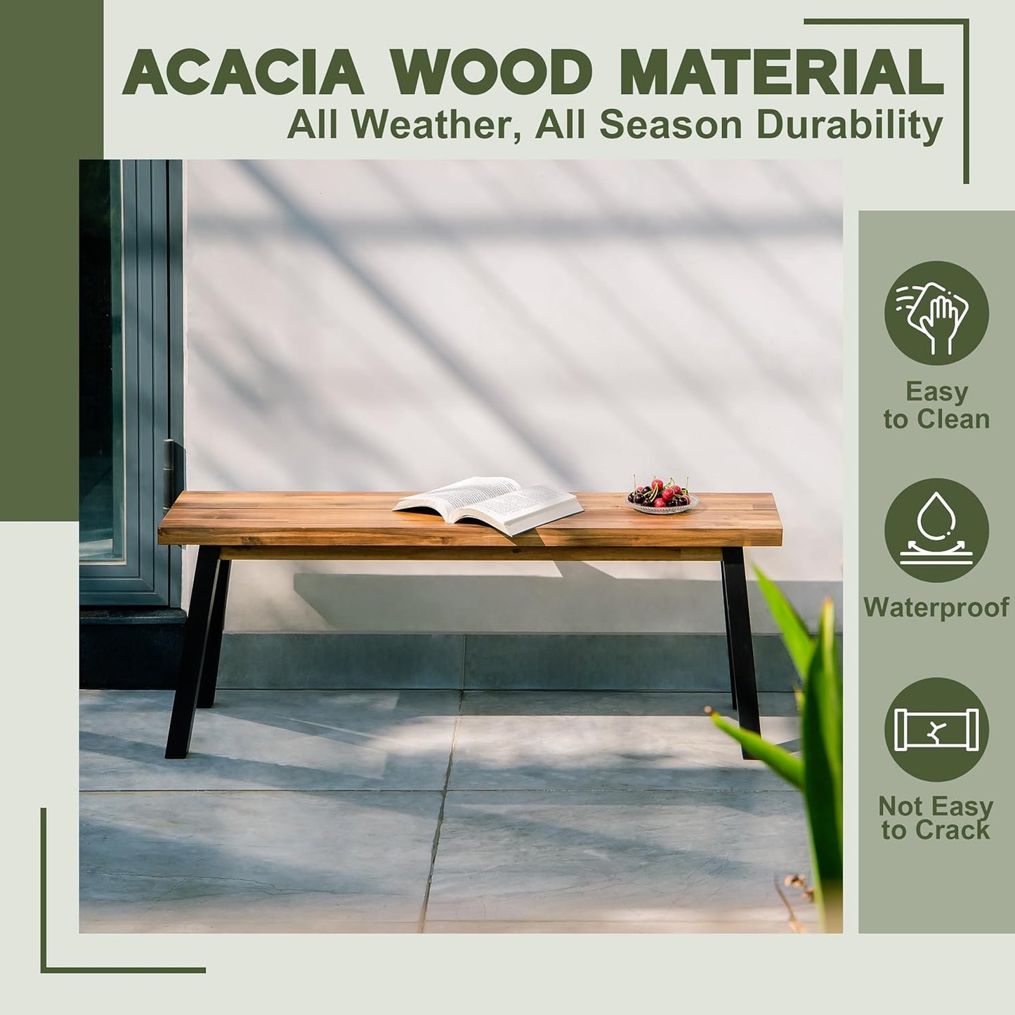 Solid Wood Bench - Minimalist Design, Acacia Wood Construction, Natural top-Black Leg Color, Versatile for Entryway,Living Room,Bedroom & Outdoors,Easy Assembly & Weather-Resistant