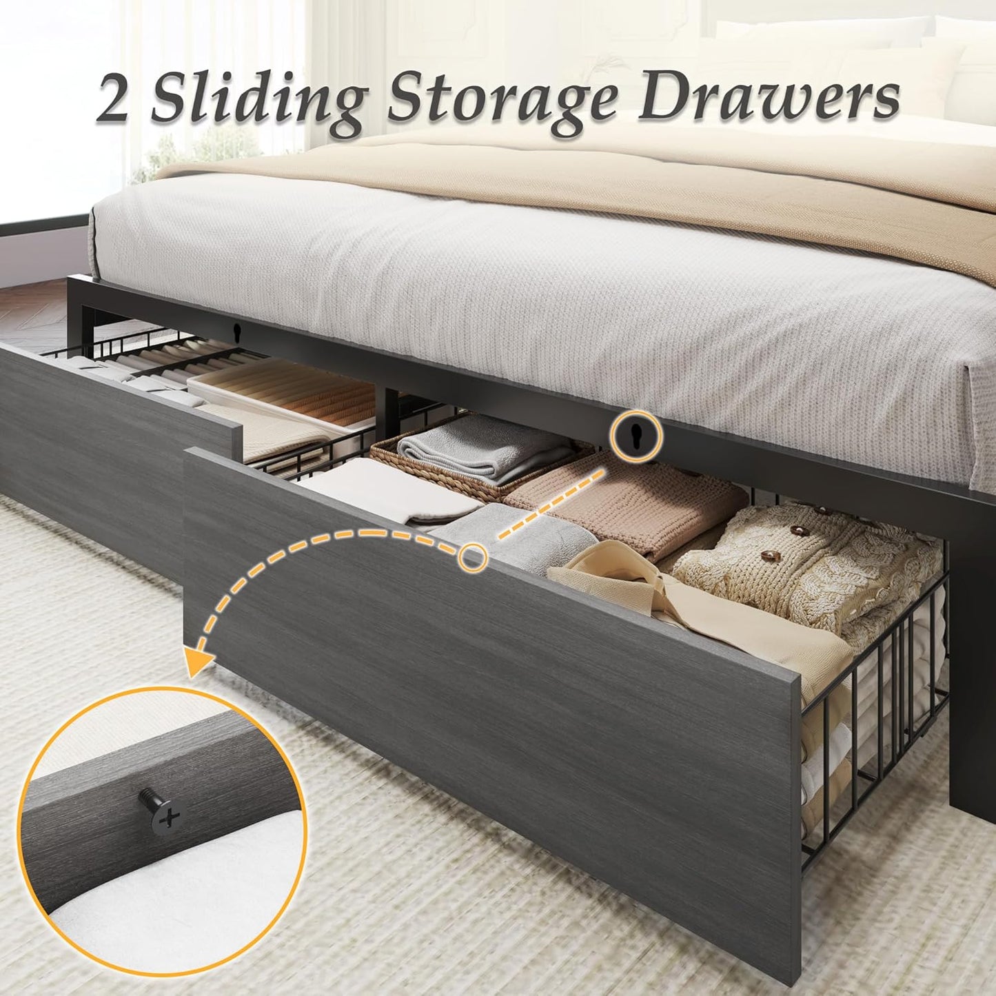 Lifezone Full Bed Frame with 2-Tier Storage Headboard, Metal Bed Frame with Storage Drawers & Built-in Charging Station & LED, Noise-Free, No Box Spring Needed, Easy Assembly, Rustic Grey