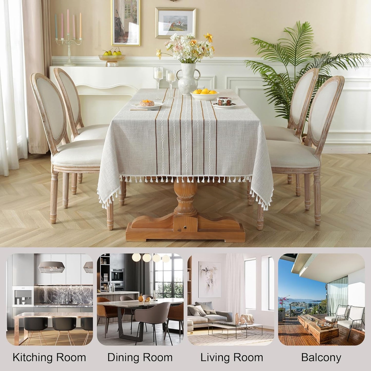 JIALE Tablecloths for Rectangle Tables, Cotton Linen Table Cloth Waterproof Tablecloth Wrinkle Free Farmhouse Dining Tables Cover, Soft Fabric Table Cloths with Tassels, Coffee, 55" X 102", 8-10 Seats
