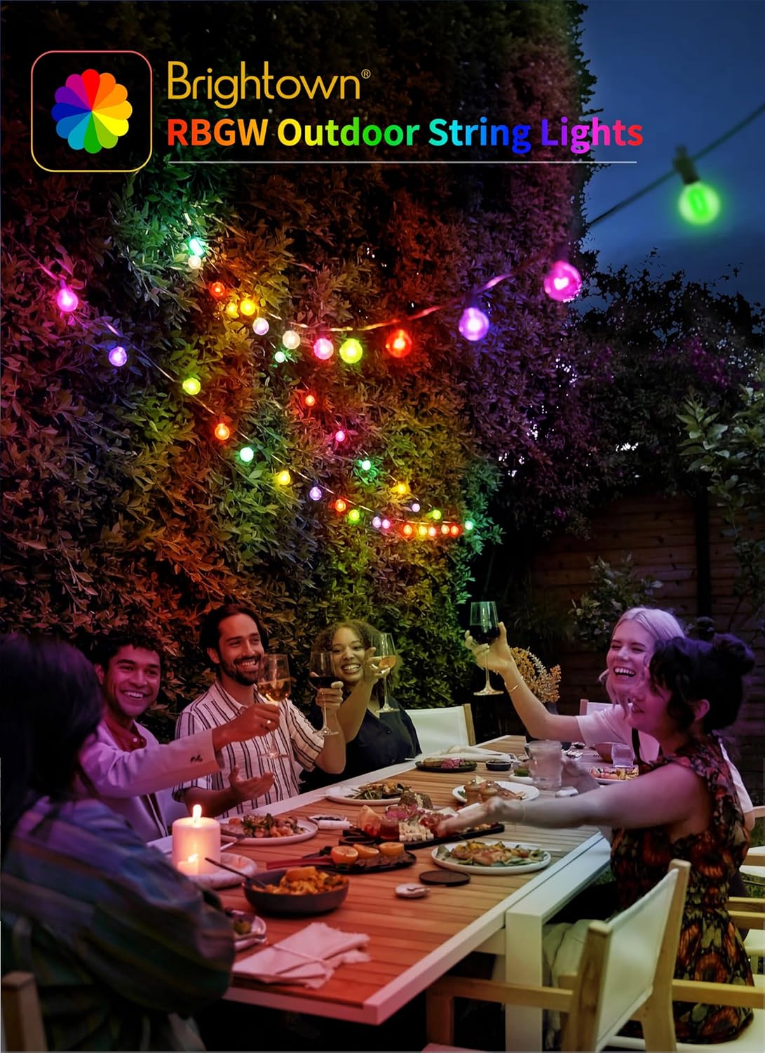 Brightown RGBW Outdoor String Lights, 25FT LED Patio Lights with Remote and Timer, Commercial Grade Waterproof Hanging Lights with 13 Shatterproof Bulbs(1 Spare) for Backyard Porch Garden Party Decor