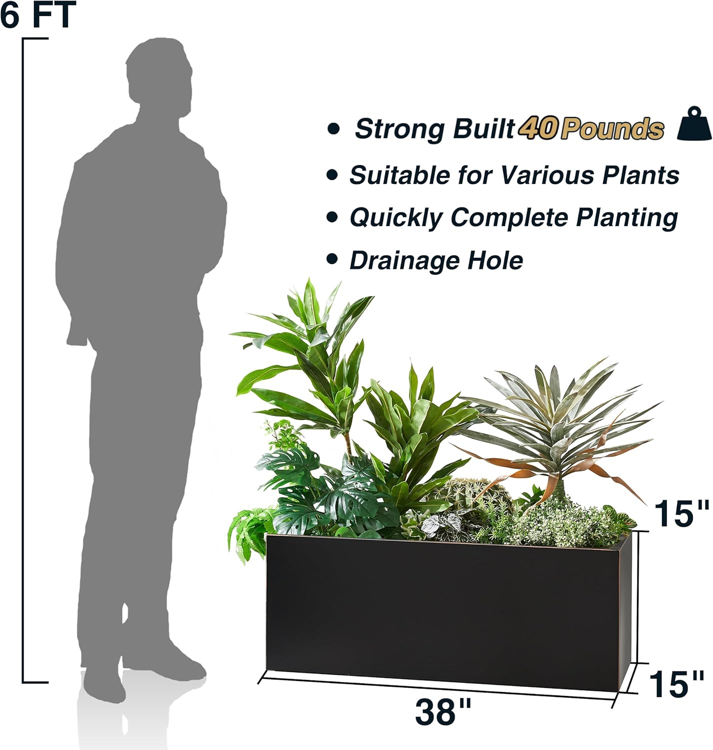 Wallowa Metallic Heavy Long and Large Outdoor/Indoor Planter, Rectangular Trough Planter Box, 38”Lx15”Wx15”H, 40Pounds, Black with Hand Brushed Gold Edge, No Assemble and Seamless