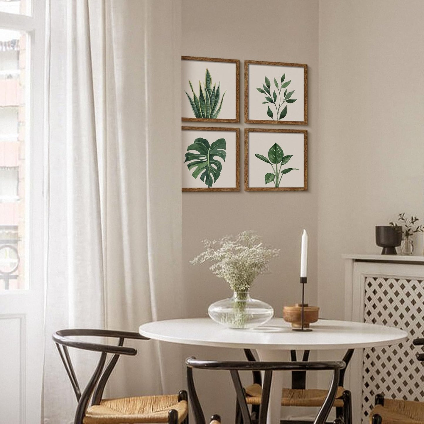 ArtbyHannah Framed Bathroom Wall Decor, 10x10 Inch Botanical Wall Art with Sage Green Plant Print for Wall Decoration, Minimalist Restroom Decor (Walnut)