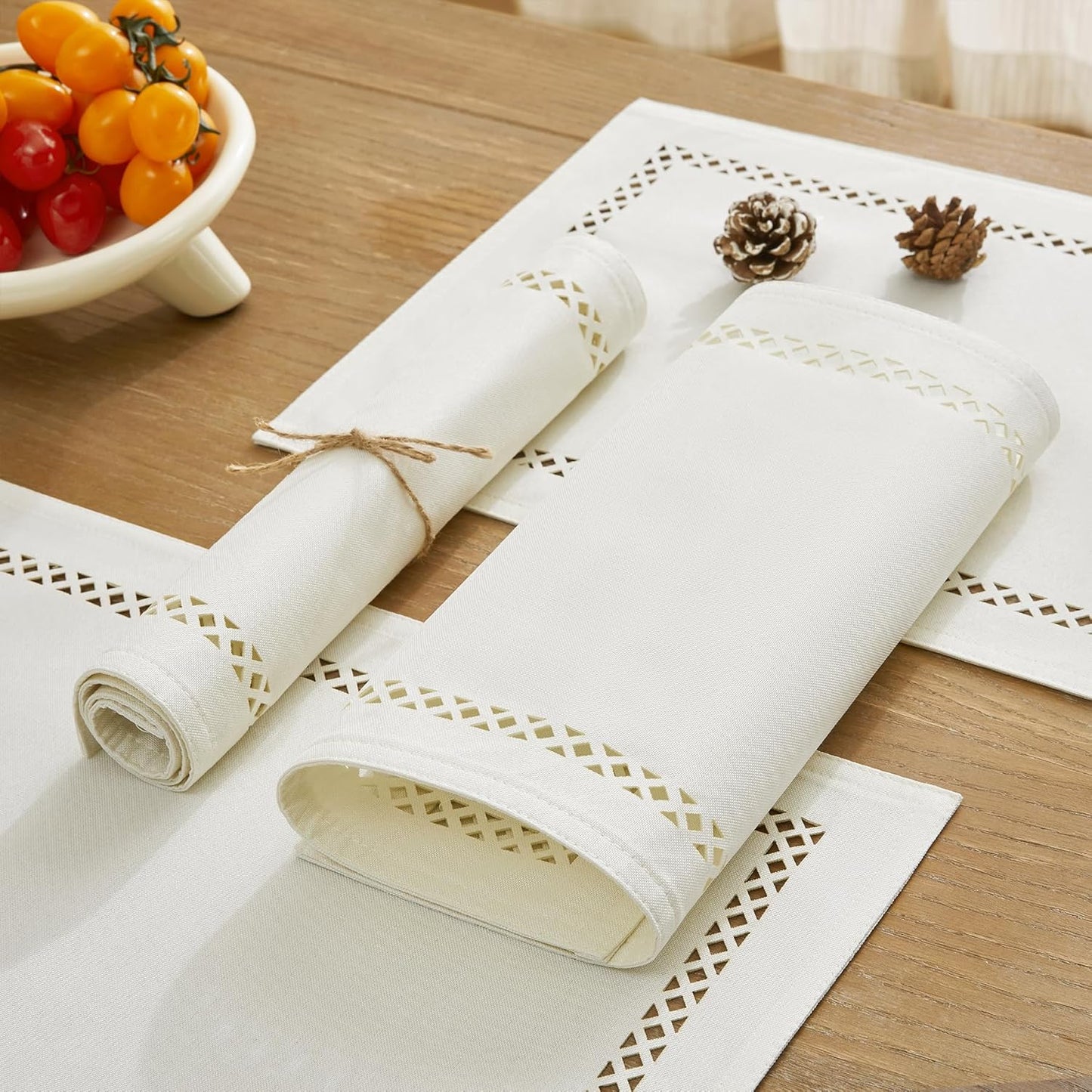 Burlap Placemats Set of 6, 12 x 18 Inch Rustic Geometric Hollow Place Mats, Heat Resistant Placemats for Farmhouse Kitchen Table Decor, Off White 6PCS