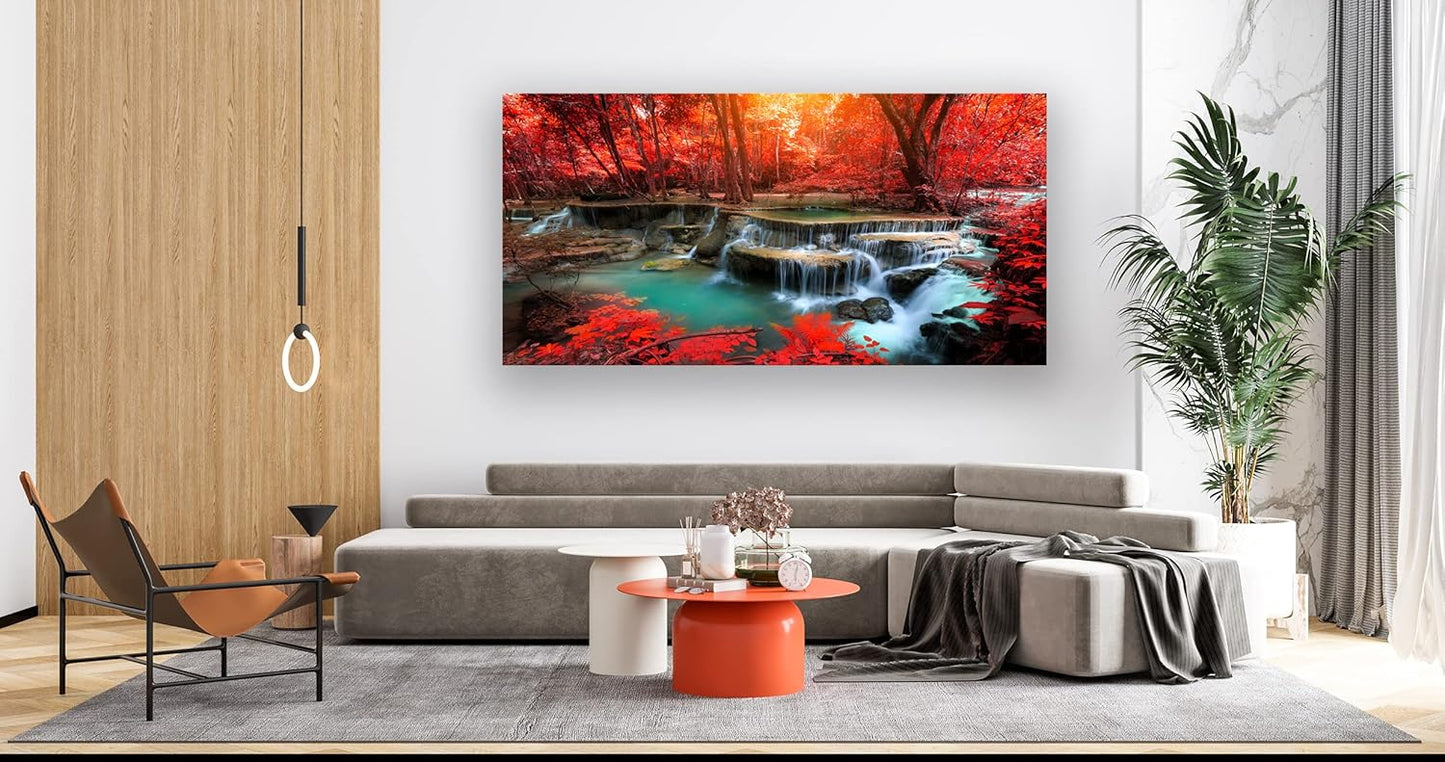 Muolunna BK03975 Wall Art Decor Canvas Print Picture Red Forest Waterfalls 1 Piece Modern Landscape Tree for Living Room Bedroom Kitchen Office Home Decorations Stretched and Framed Ready to Hang