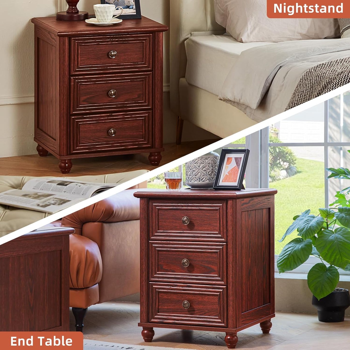 18" Farmhouse Nightstand Set 2 with Charging Station and USB Port, RedOak Night Stand with 3 Drawers, Wood Bedside End Table with Storage, Bed Side Tables for Bedroom Living Room and Closet