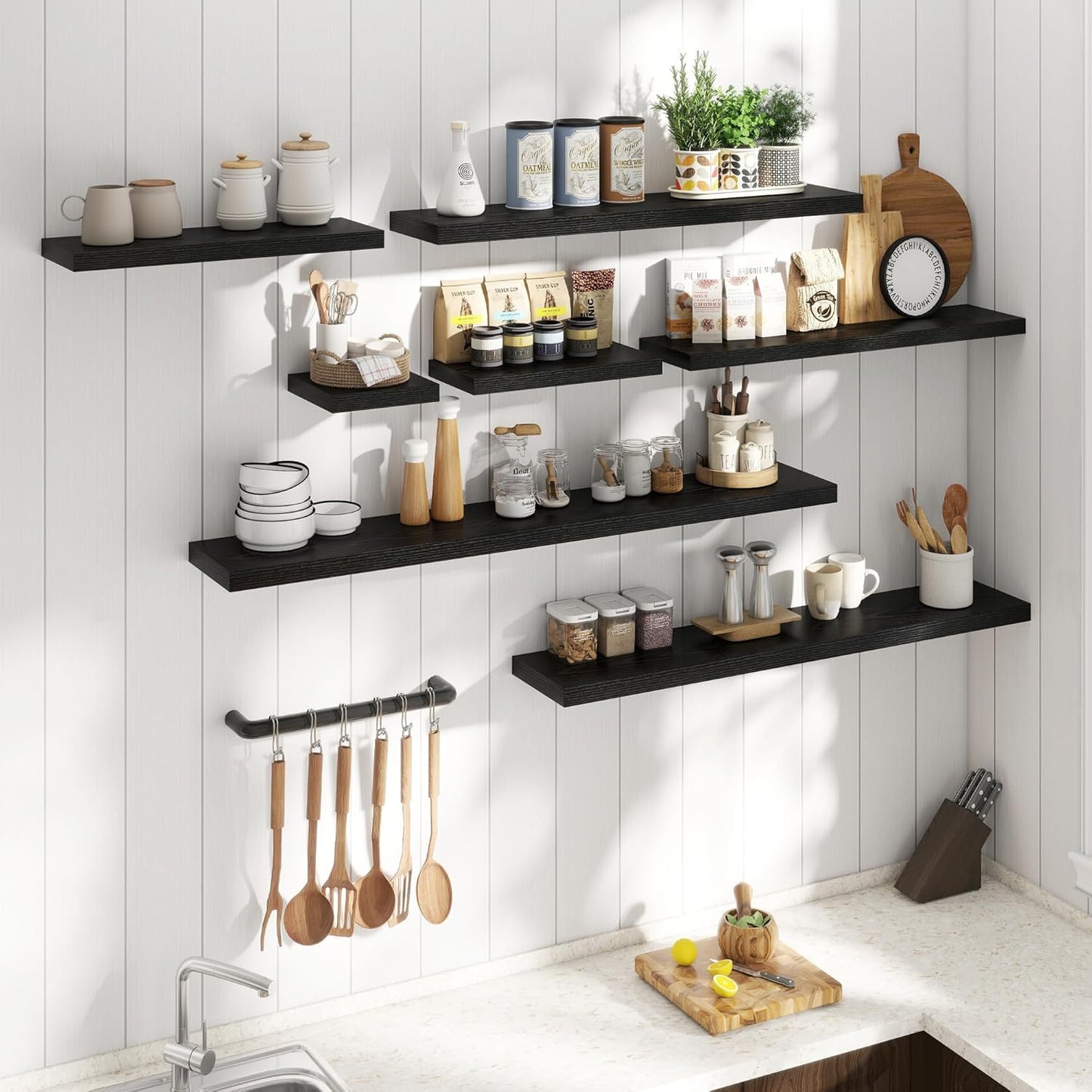 Floating Shelves for Wall with Invisible Brackets, Wall Mounted Engineered Wood Shelves with Wood Grain for Living Room, Bedroom, Bathroom, Kitchen Decor and Storage, Oak, 24"L Set of 2, Black