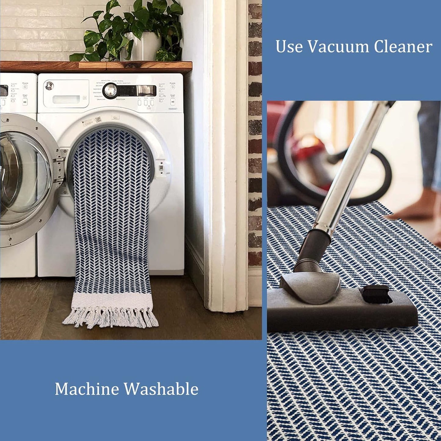 Lahome Boho Kitchen Runner, 2x6 Laundry Room Rug Lightweight Runners for Hallways Washable Runner Rug with Tassels, Farmhouse Cotton Blue Throw Rugs Non Shedding Carpet for Entryway Bathroom