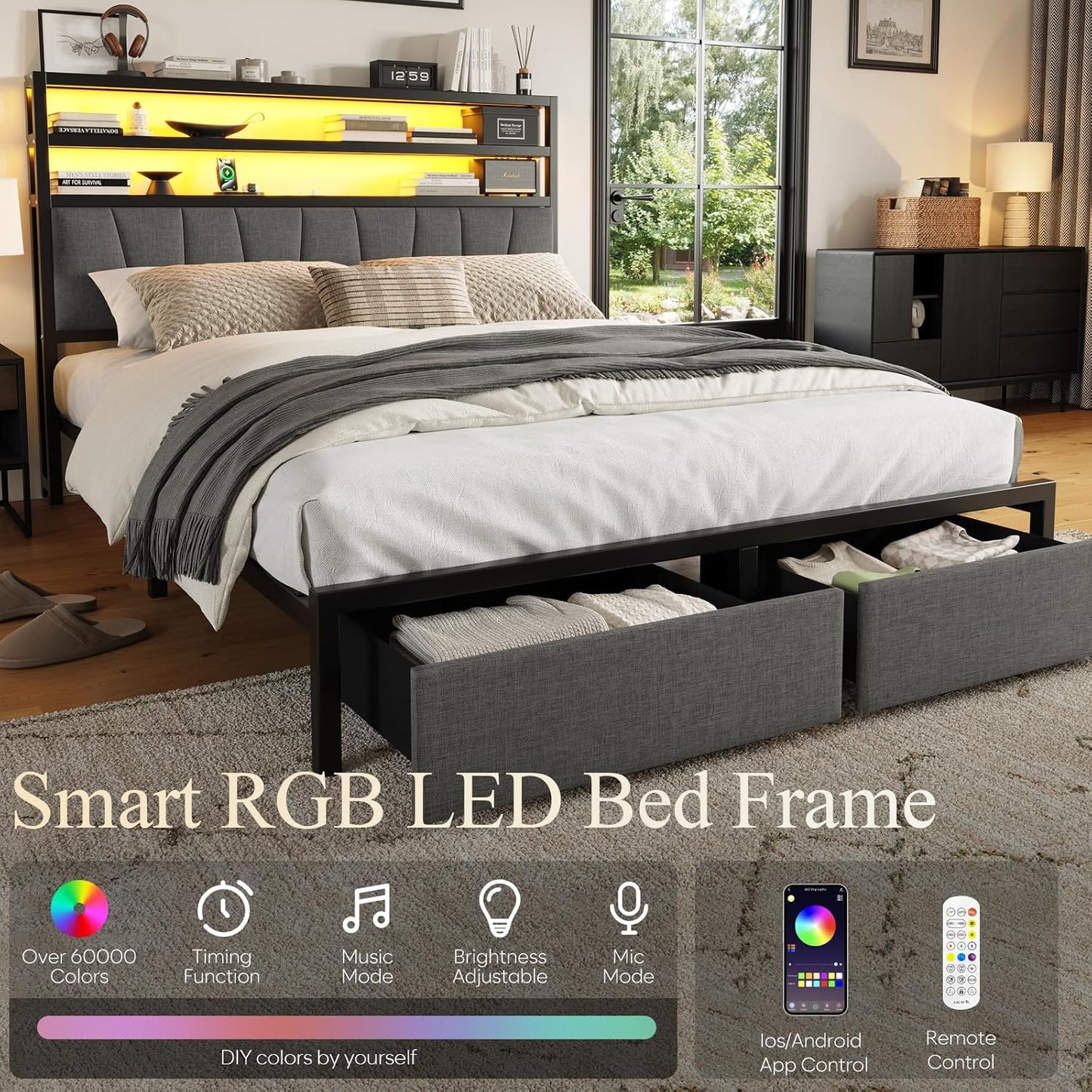 Full Size Bed Frame with Headboard Storage Platform Bed Frame Full Size with 2 Drawers LED Light and Charging Station Bed Base No Box Spring Needed