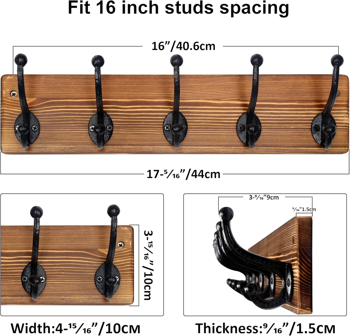 WEBI Rustic Coat Rack Wall Mount,5 Cast Iron Coat Hooks Wall Mounted,Heavy Duty Wall Coat Hanger Hooks for Hanging Coats,Clothes,Rustic Brown,2 Packs