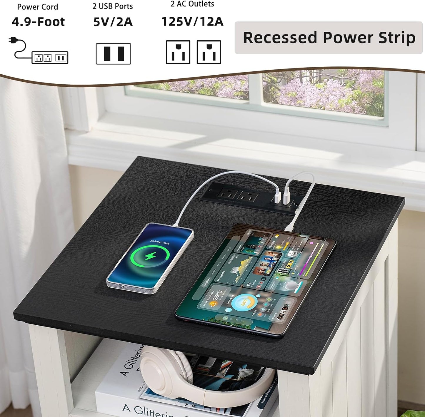 18" Farmhouse Night Stands Set of 2 with Charging Station, 2 Drawers End Table Dresser for Bedroom, Wooden Nightstand, Bed Side Table with Open Shelf, Bedside Cabinet for Living Room(White)