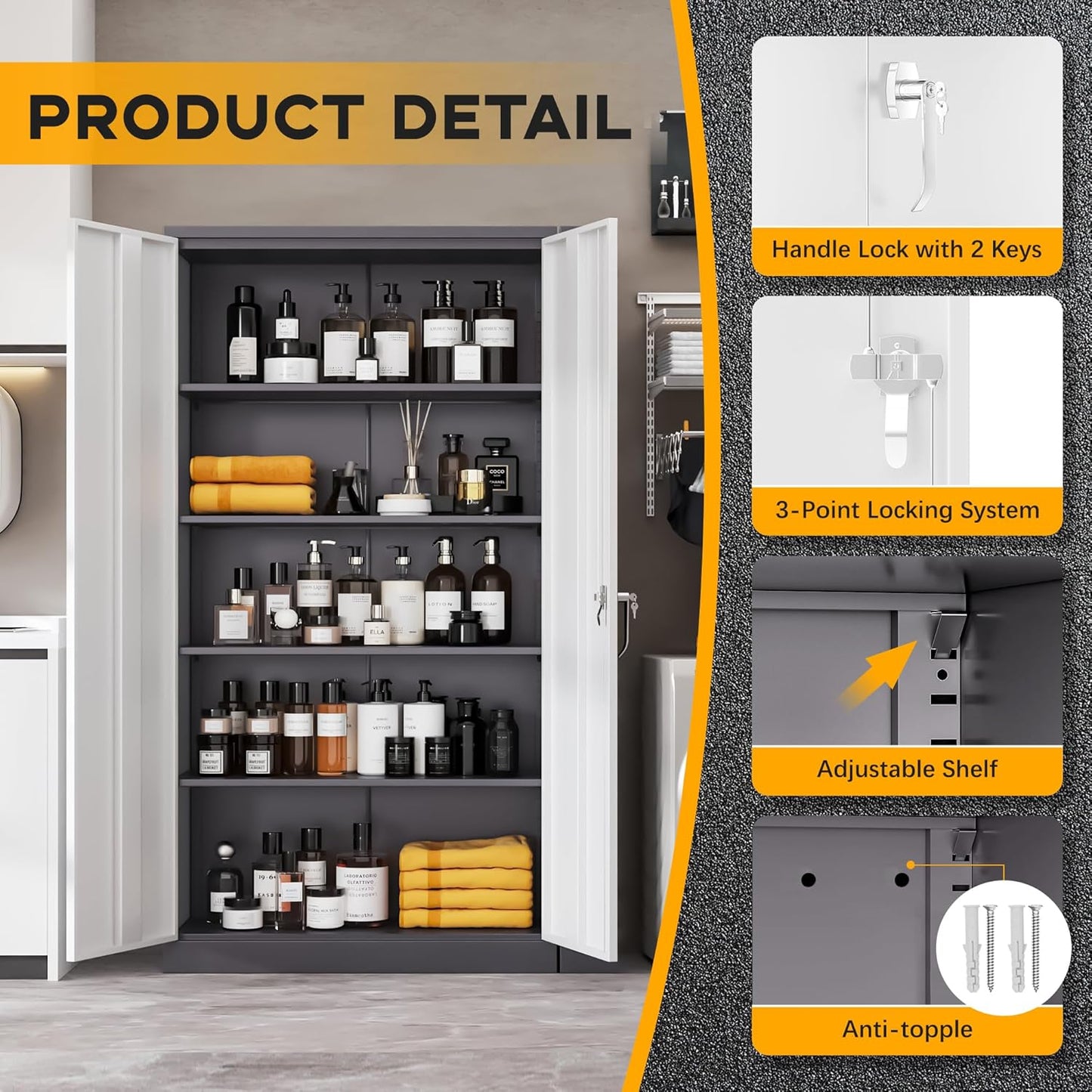 Greenvelly Metal Garage Storage Cabinet with 2 Doors and 4 Adjustable Shelves, 72”H Steel Lockable Storage Cabinet,Tall Metal Cabinet Locking File Cabinet for Office,Home, Garage, Gym, School