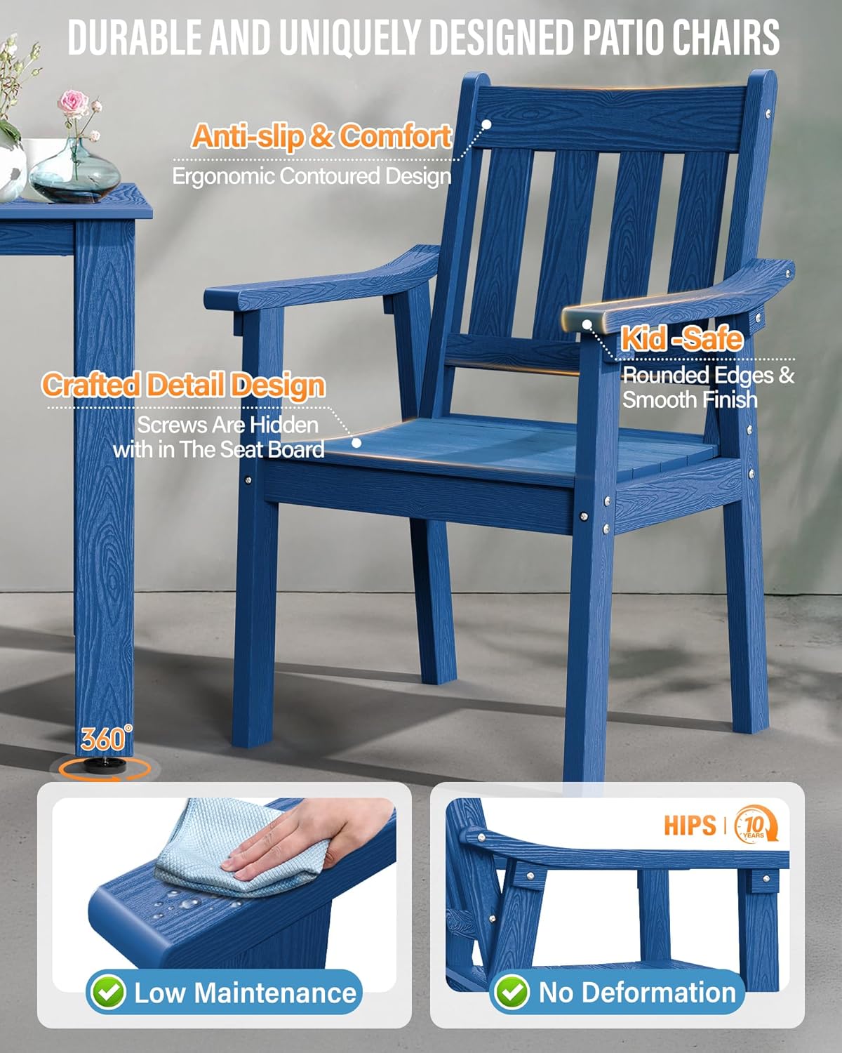 YEFU HIPS Patio Table Set: 7 Piece Outdoor Table and Chairs Dining Furniture Set with Umbrella Hole - Blue Modern Plastic Dining Sets 6 Person for Outside Deck with Metal Aluminum Frame