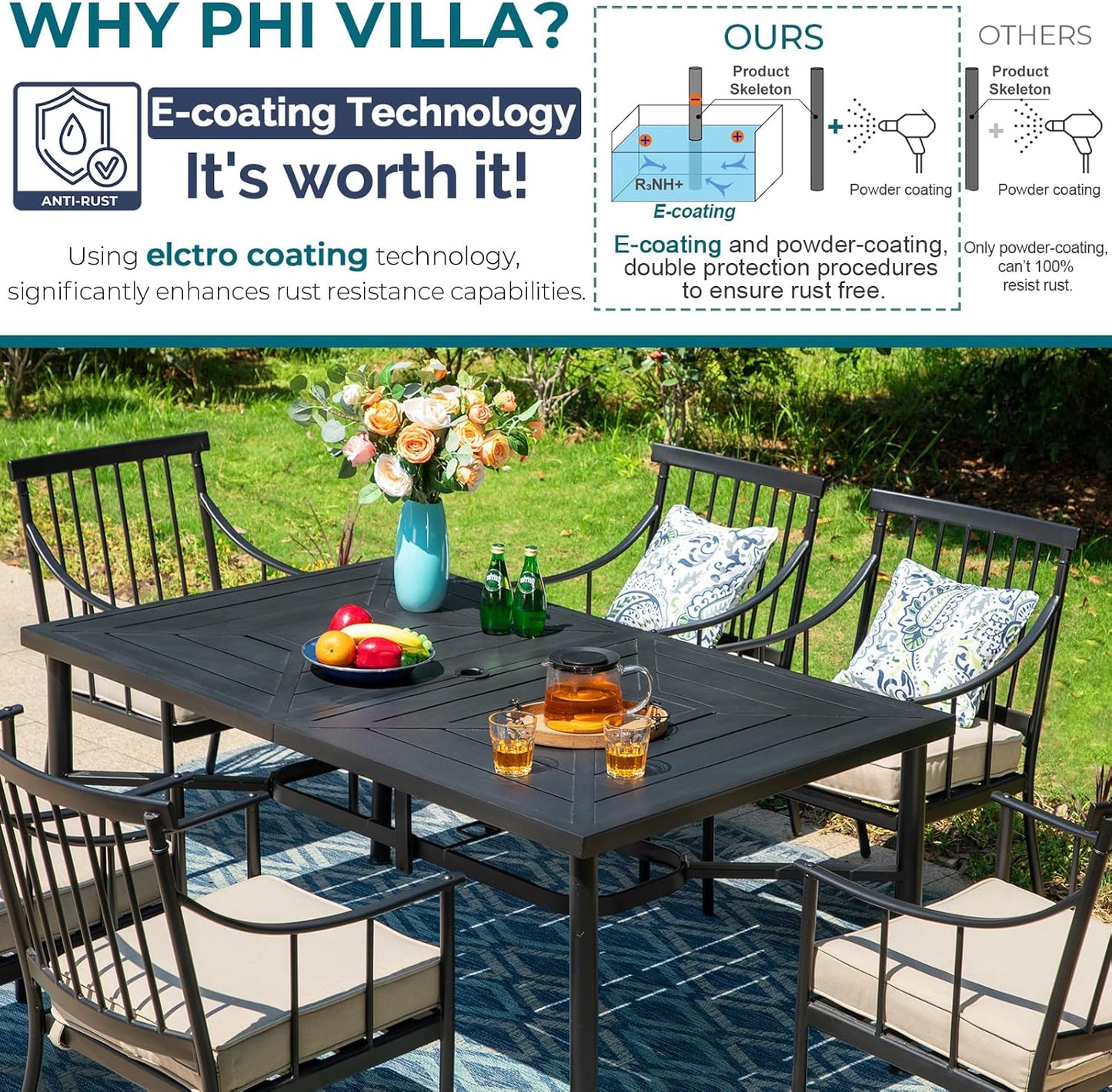 PHI VILLA 7 Pieces Outdoor Dining Set for 6, 64" Metal Steel Dining Table with Umbrella Hole & Cushioned Iron Swivel Chairs for Patio, Yard, Porch, Deck