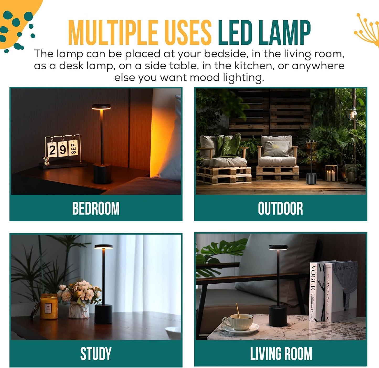 Cordless Table Lamp Pack of 2 (Black) Rechargeable Lights - Set of 2 USB Chargers Included - LED 3-Color Dimmable Lamps for Restaurant Dinner Dining Kitchen Coffee Table Patio and Portable Lighting