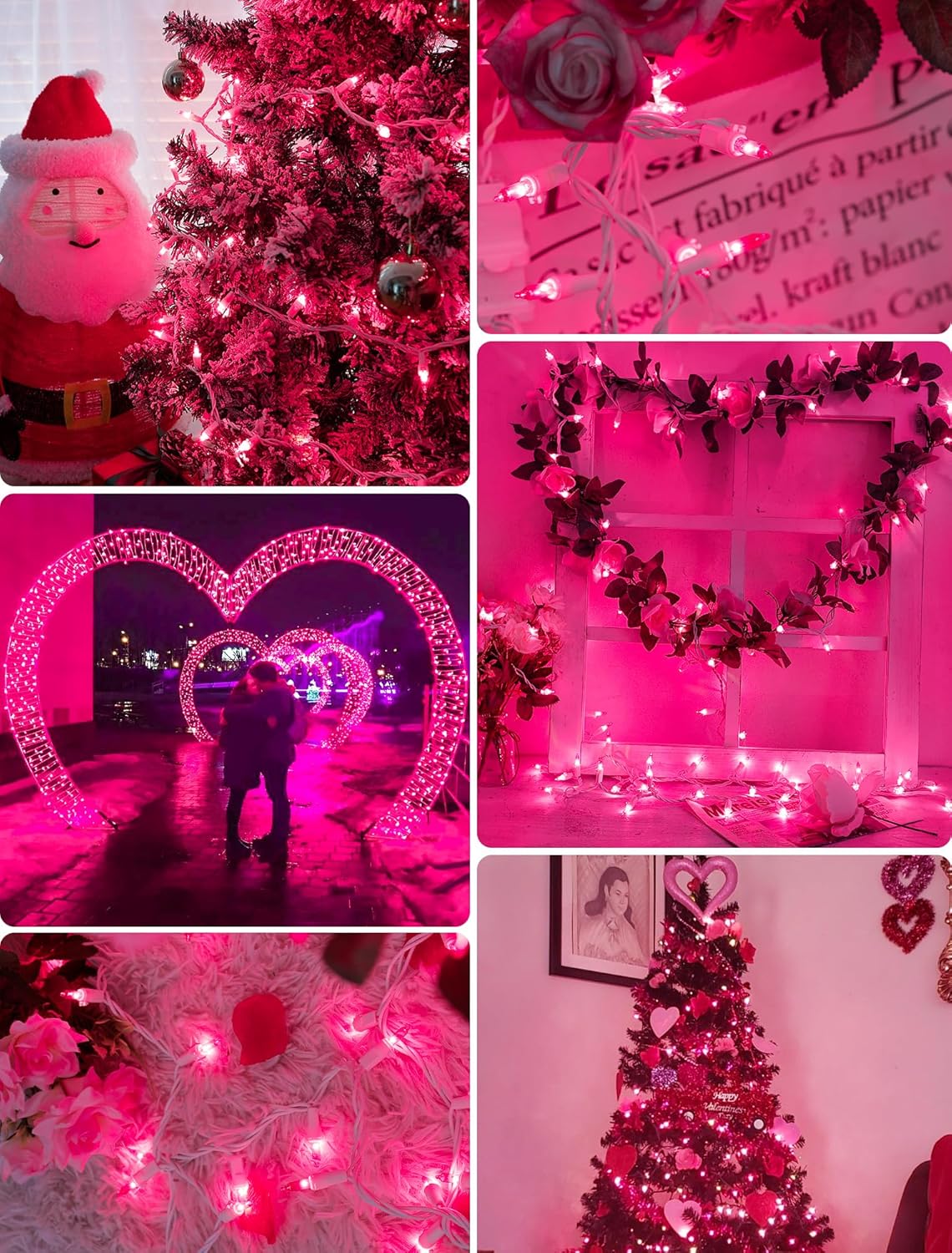 Hopolon Pink Mini Christmas Lights,2 Pack 13FT 50Count Fairy String Light Set,White Wire Incandescent Pink Valentines Day Lights Connectable for Indoor Outdoor Wedding Birthday Valentine’s Day Decor