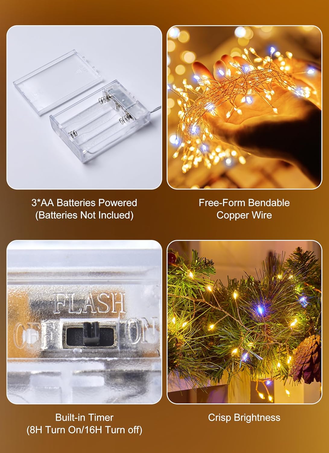 Indoor String Lights 4 Pack 10 Ft 120 LEDs Fairy Lights Battery Operated with Timer for Christmas Decorations DIY Crafts Wedding Table Centerpieces Party Bedroom