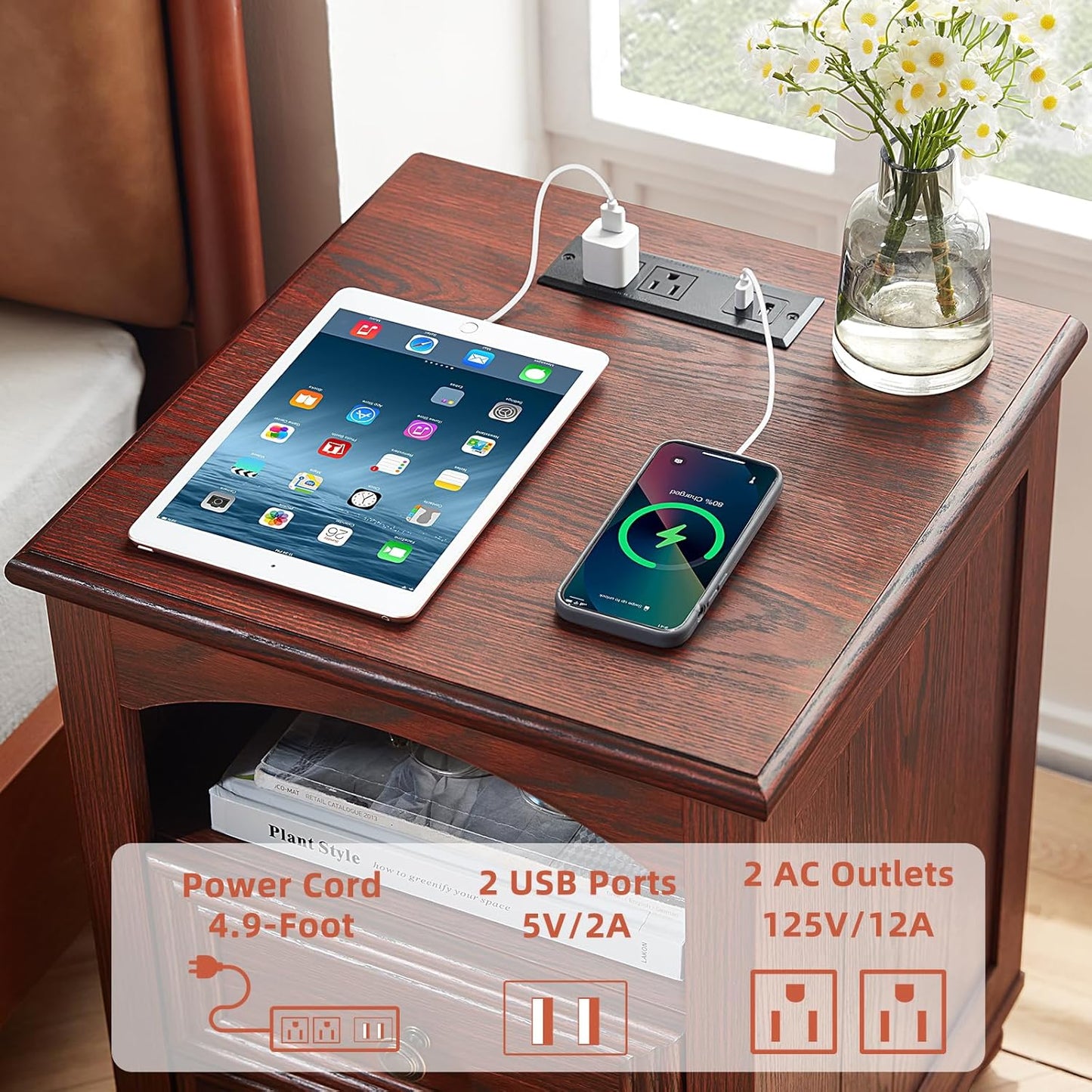 18" Farmhouse Night Stand with Charging Station, Wood Nightstand with 2 Drawers, Rustic Bedside End Table with Shelf Storage, Bed Side Tables Cabinet for Bedroom, Living Room, and Closet