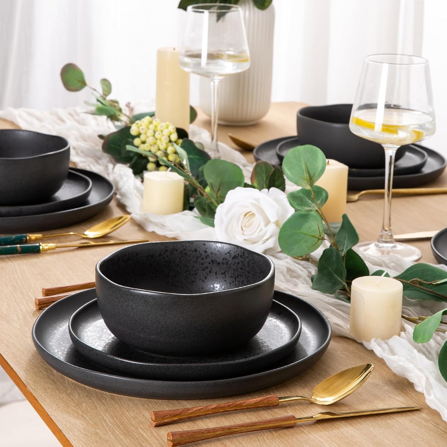 AmorArc Ceramic Dinnerware Sets, Wavy Rim Stoneware Plates and Bowls Sets, Highly Chip and Crack Resistant | Dishwasher & Microwave & Oven Safe Dishes set, Service for 6 (18pc)-Speckled Black