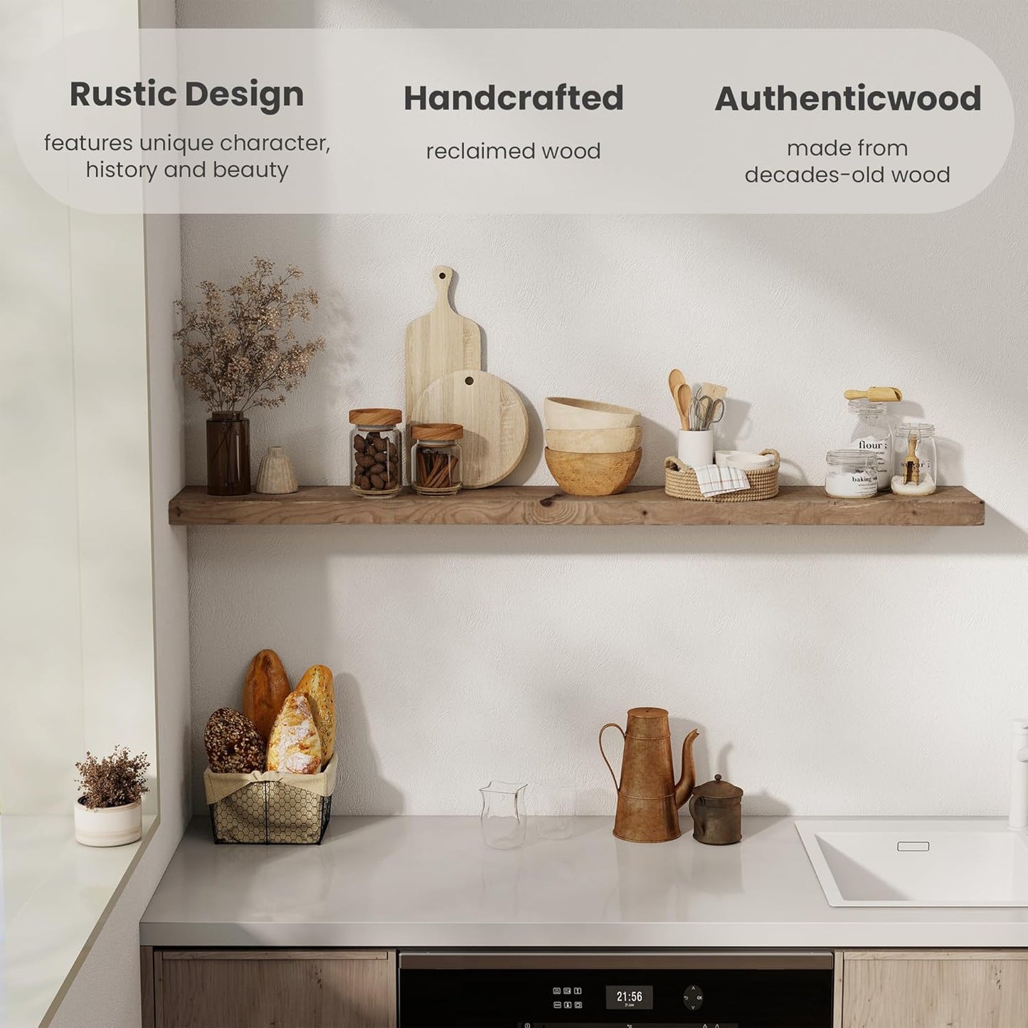 Solid Wood Floating Shelves, 8" Deep Rustic Reclaimed Barnwood Wall Hanging Floating Shelf with Invisible Heavy-Duty Metal Bracket | Wall Mounted | Farmhouse Style | 55 inches,1PC,Natural