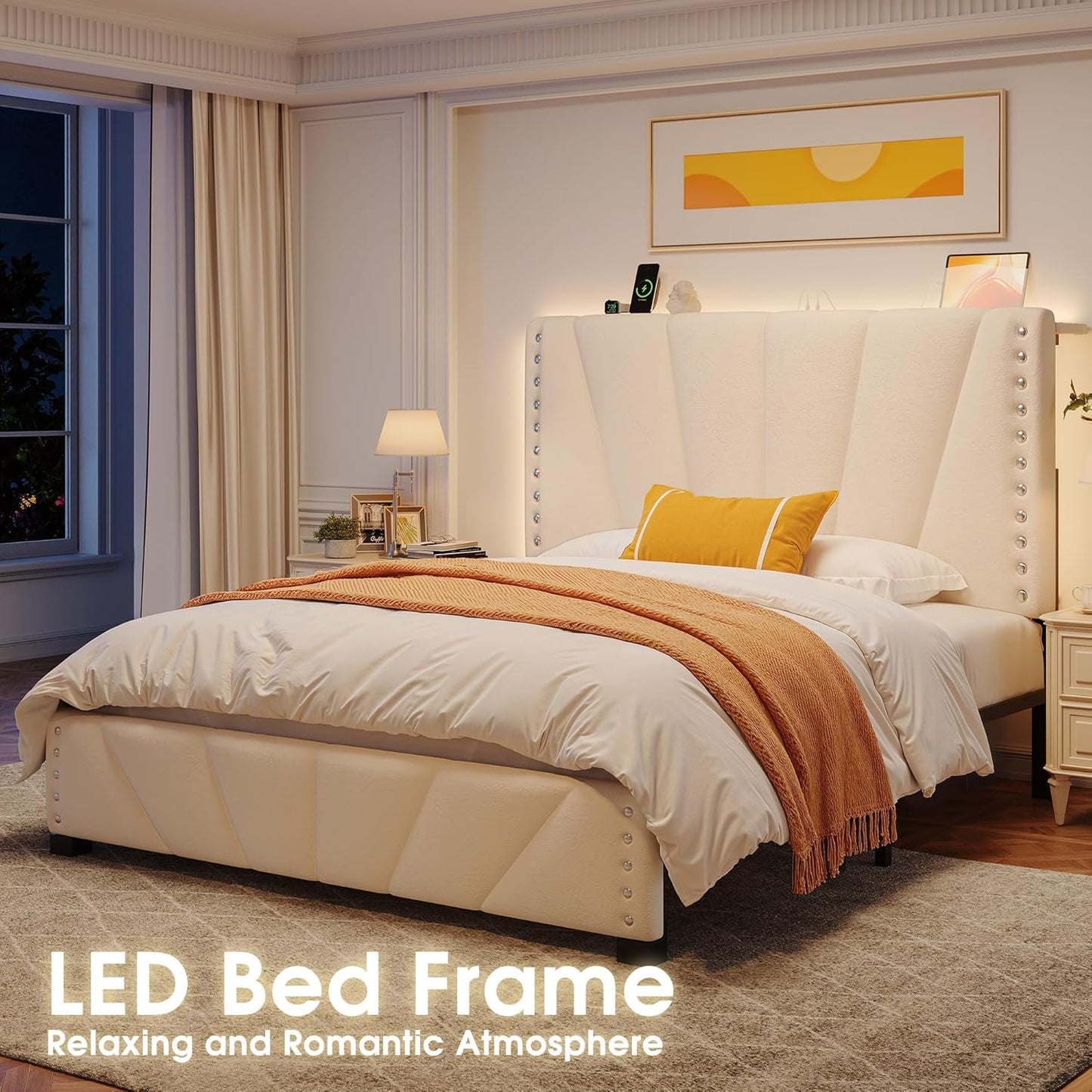 EnHomee Full Size Bed Frame, Velvet Bed Frame with Headboard and Led Light, Platform Bed Frame for Bedroom Apartment, Dorm, Noise-Free, Easy Assembly, Beige