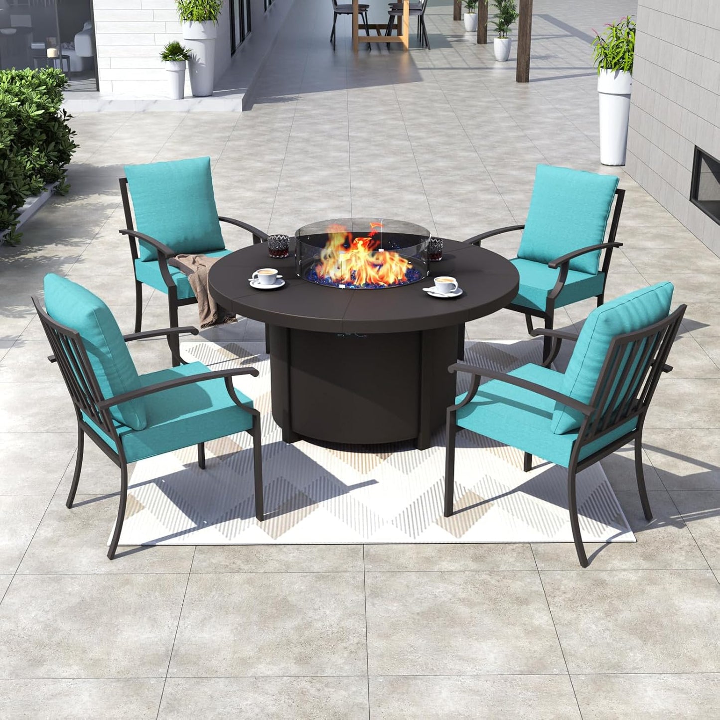Kurapika 5 Piece Metal Outdoor Patio Furniture Set with Round Fire Pit Table, Patio Conversation Sets 4 Fixed Chairs with Thick Cushion and 40000 BTU Fire Pit Table, Blue