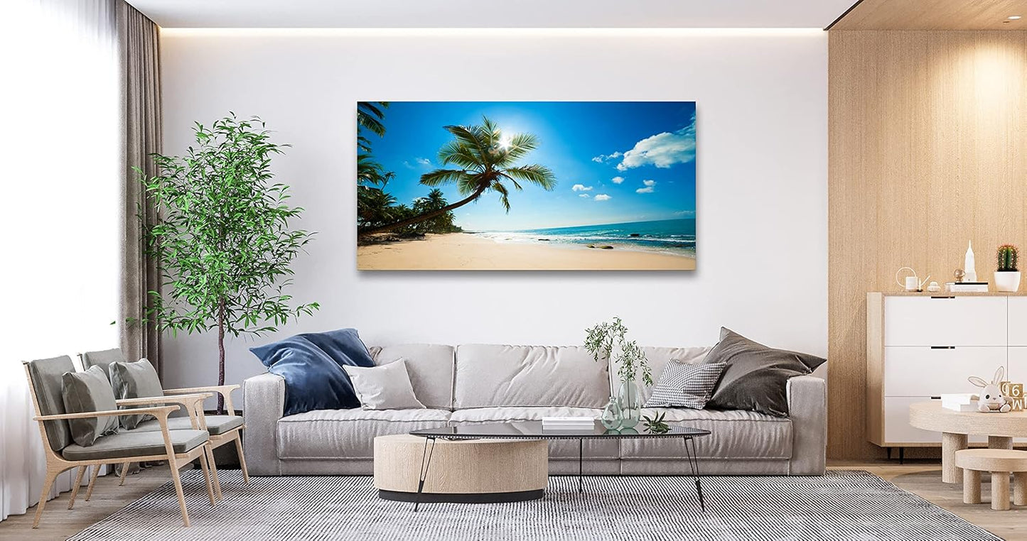 Muolunna ARX0662 Large Canvas Wall Art Summer Ocean Waves Prints Coconut Trees Beach Seascape Painting Hawaii Sea Nature Pictures Stretched and Framed for Living Room Home Office Wall Decor Artwork