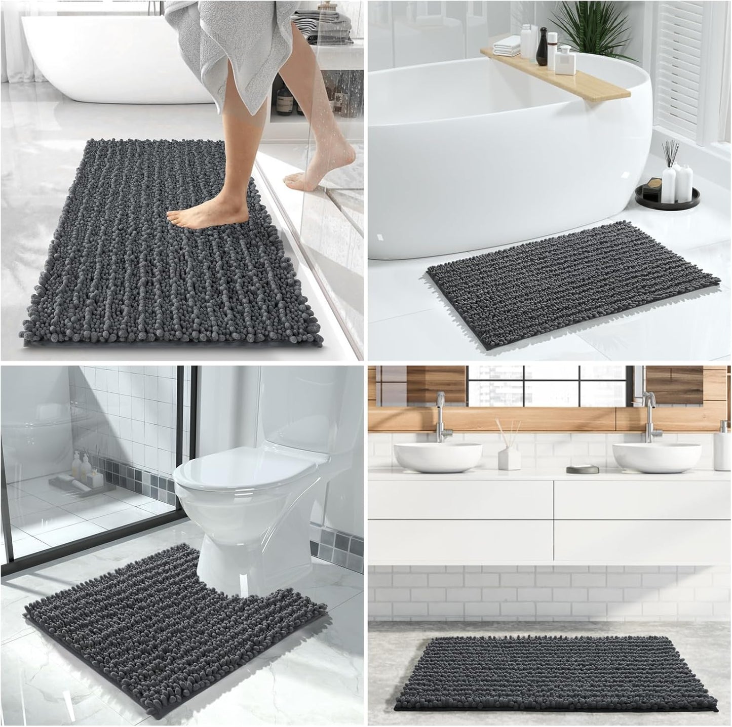 Yimobra Bathroom Rugs Sets 2 Piece - Quick Dry Extra Thick Luxury Chenille Bath Mat, Non Slip Super Absorbent for Tub Shower Sink, Machine Washable Shaggy Floor Mat, 32"x20"+24"x20" Inch, Dark Grey
